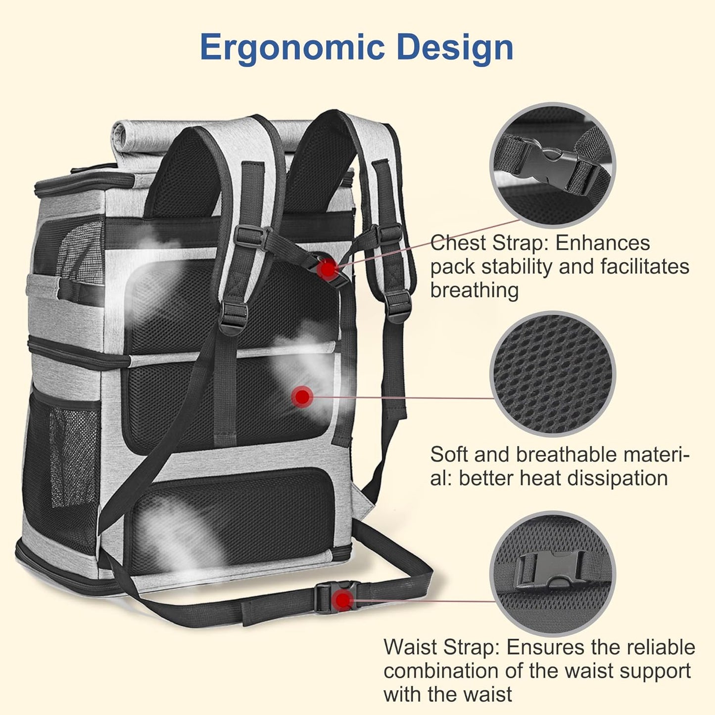 Pet Backpack Carrier Double-Compartment, Portable Pet Cat Carrier Travel for 2 Small Cats or Dogs, Breathable Large Size Cat Carrier Backpack, Perfect for Travel/Hiking/Camping/Walking Outdoor, Grey
