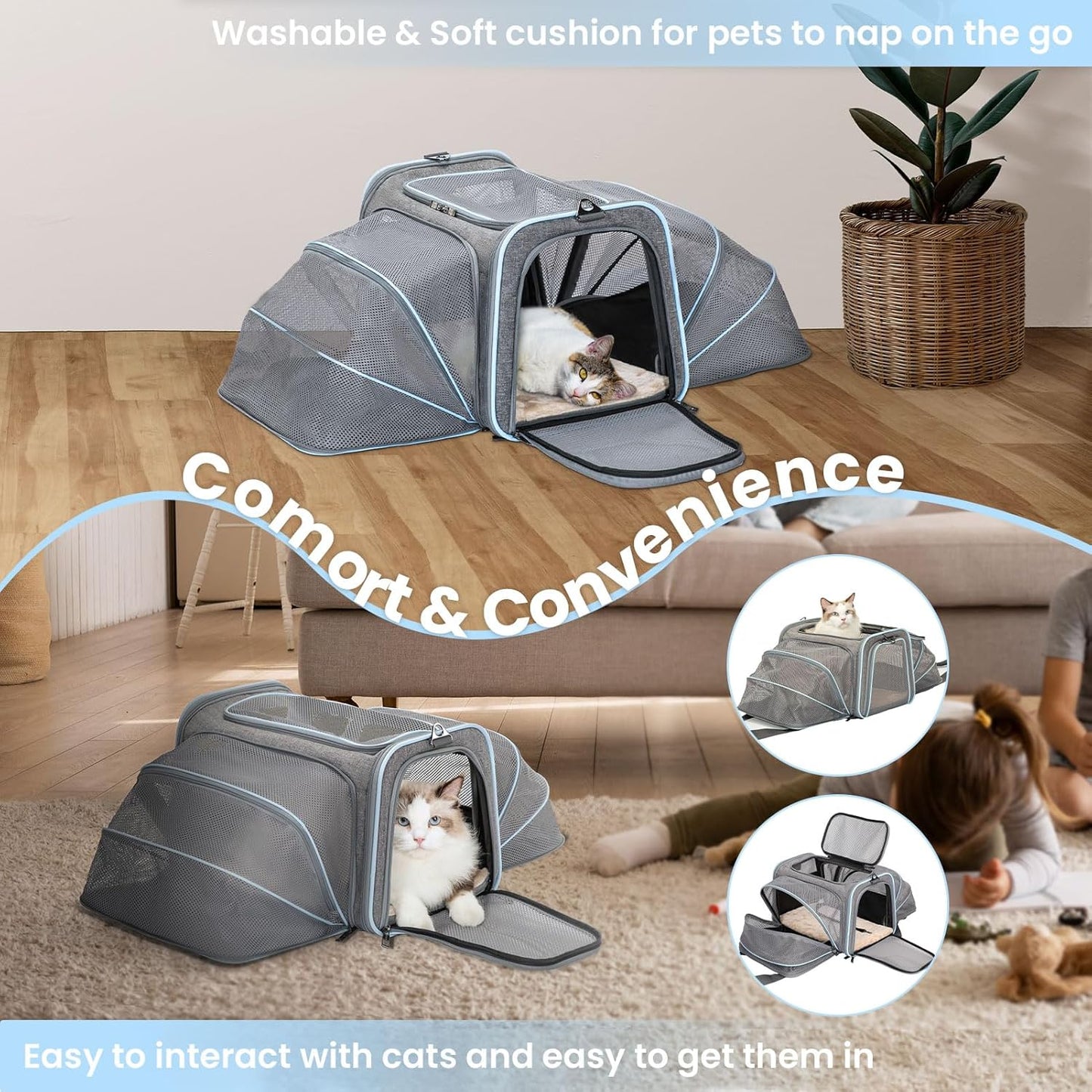 Petsfit Expandable Cat Dog Carrier Airline Approved, 17" L x 11" W x 11" H Soft-Sided Portable Pet Travel Carrier for Kitten, Puppy, Removable Soft Plush Mat and Pockets, Auto-Locking Zippers