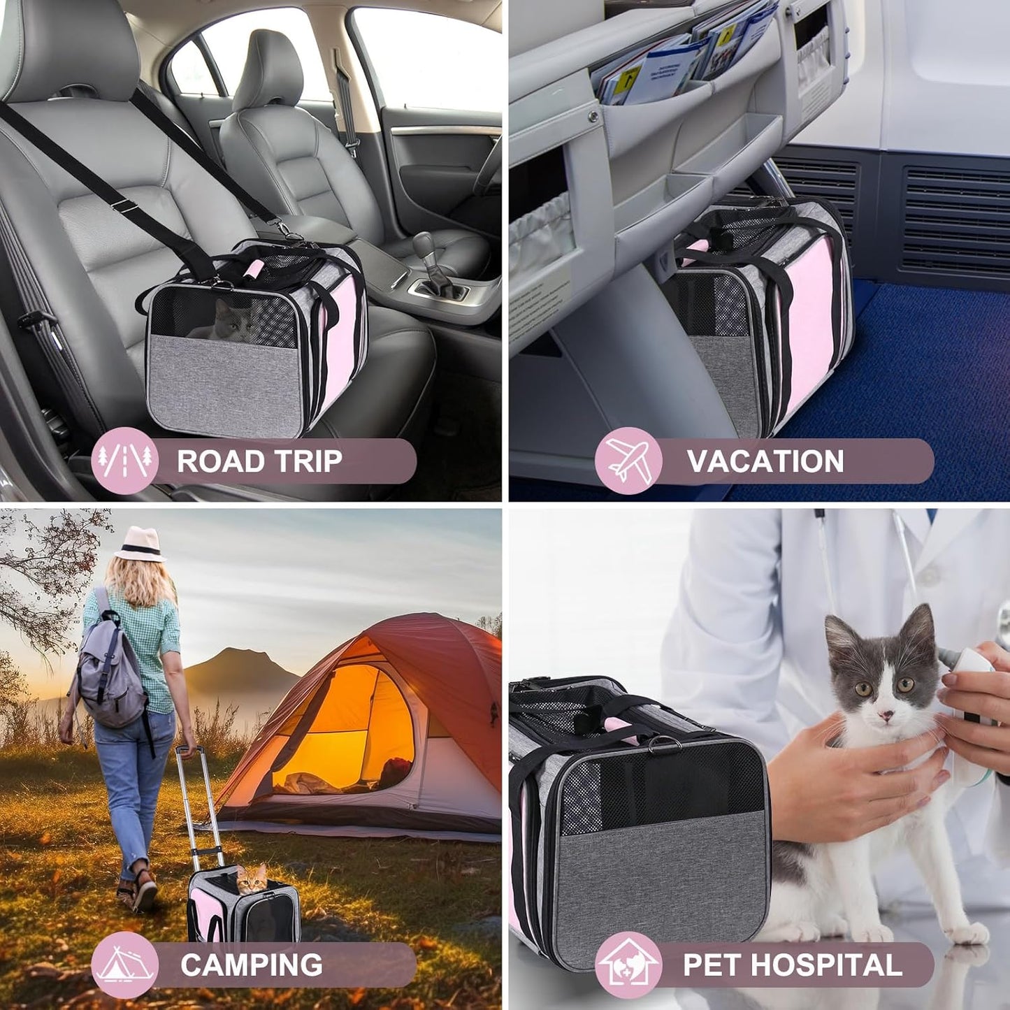 Pet Carrier Airline Approved on Wheels - Two Sided Expandable Cat Soft Carrier for Puppy and Cats Under 26lbs, Rolling Cat Carrier for Airplane, Camping, Outdoor(Pink)