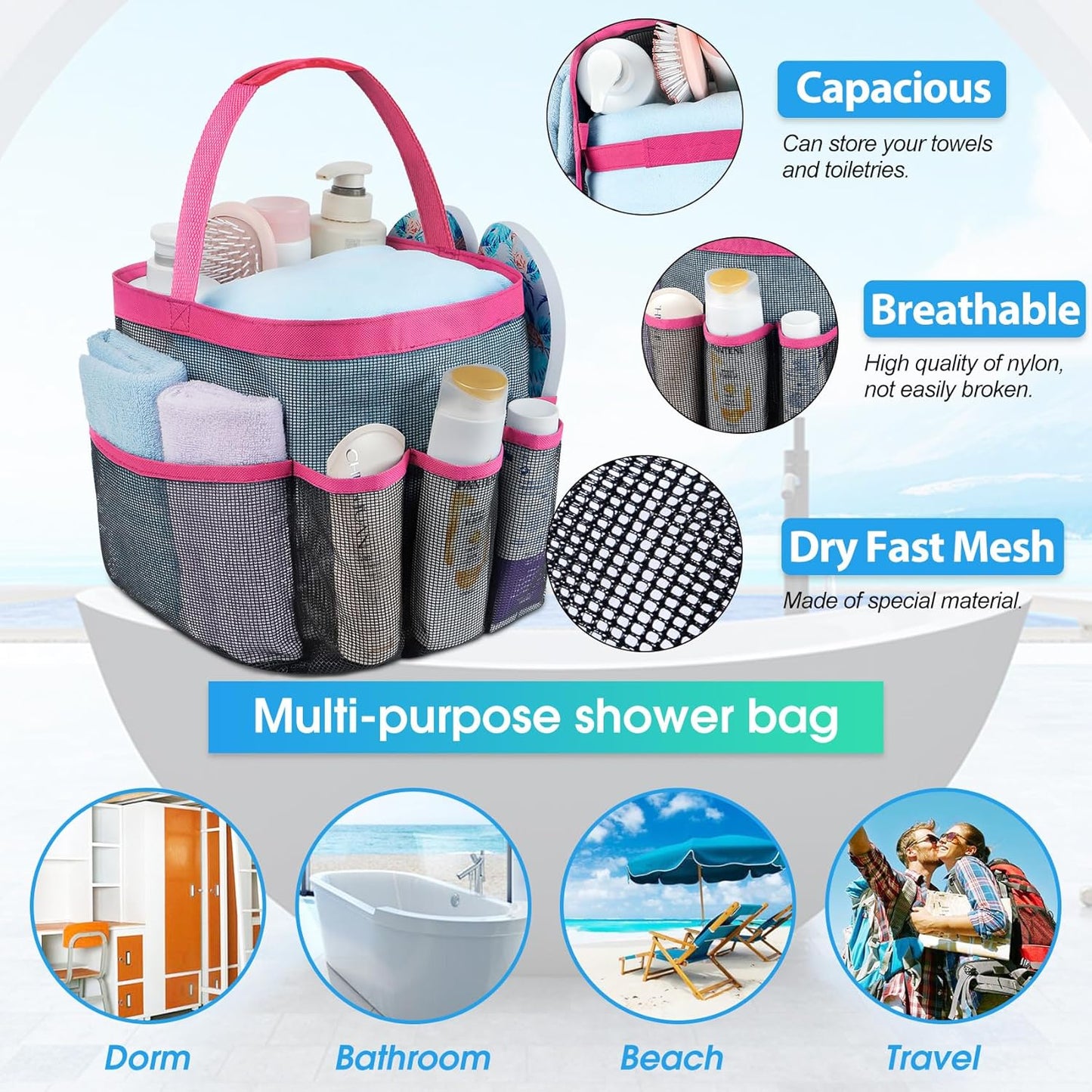 Attmu Mesh Shower Caddy Portable for College Dorm Room Essentials with 8 Pockets, Hanging Shower Caddy Basket Tote Bag Toiletry Accessories for Bathroom
