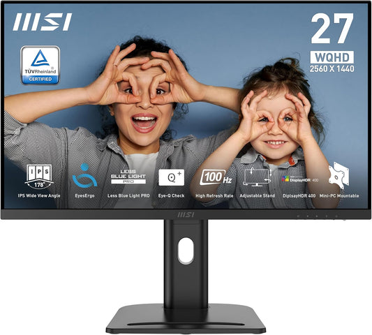 MSI PRO MP273QP E2 27-inch IPS 2560 x 1440 (QHD) Computer Monitor, 100Hz, HDR400, Free-Sync, HDMI, DP Port, VESA Mountable, Height Adjustable, Tilt, Speaker, 1ms, Black - PuriLite