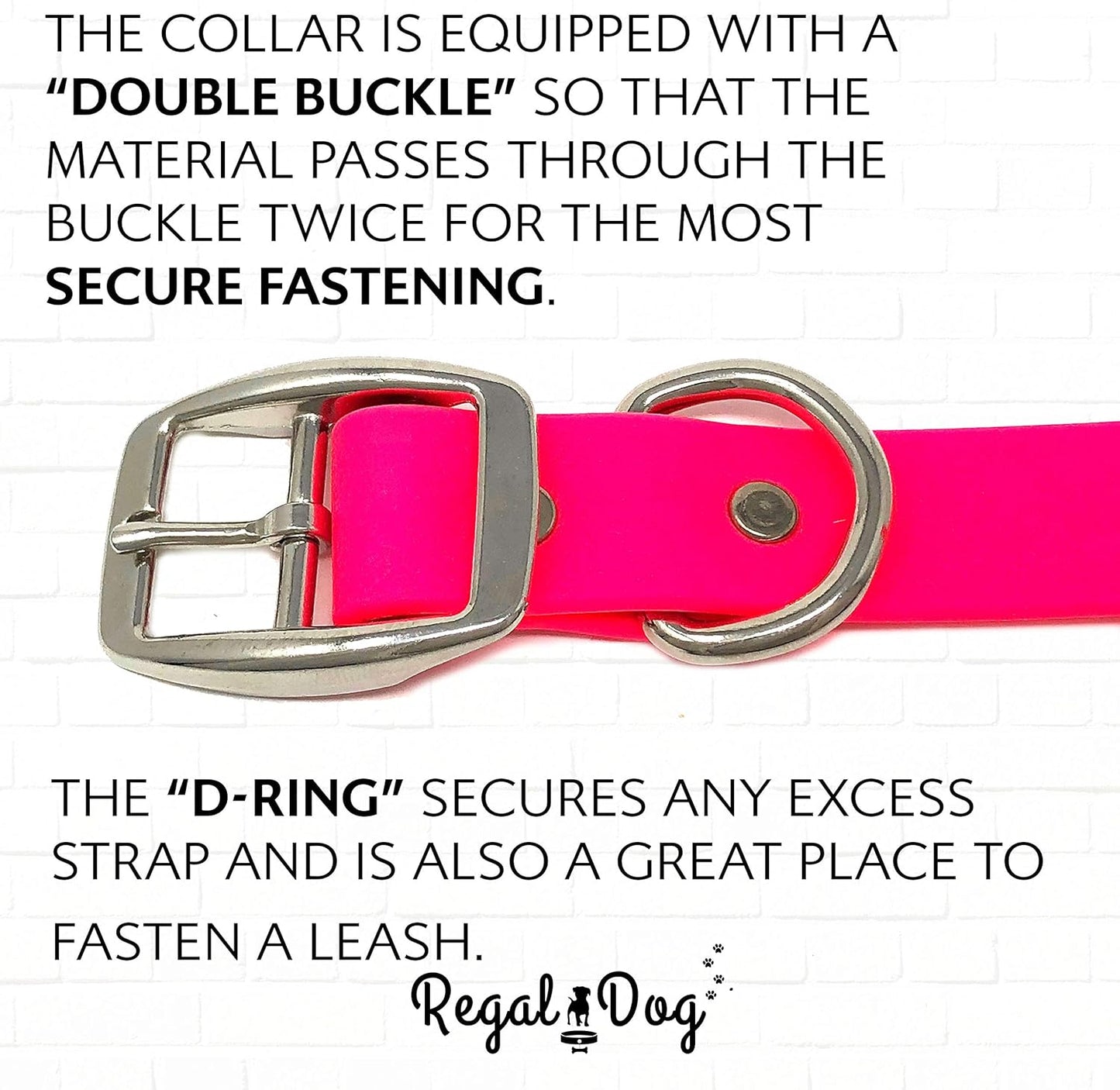 Regal Dog Products Large Pink Waterproof Dog Collar with Heavy Duty Double Buckle & D Ring | Vinyl Coated, Custom Fit, Adjustable Biothane Dog Collar | Chew Resistant Waterproof Collar for Dogs