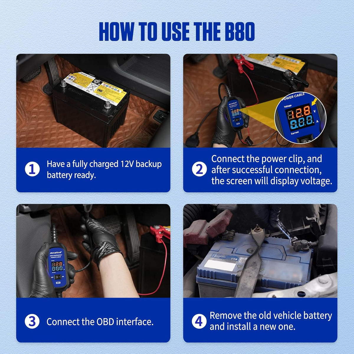 MR CARTOOL OBD2 Car Memory Saver Cable with Voltage and Current Display, Vehicle Emergency Power Supply Cable 12V withAuto Leakage Detection,2 Alligator Clips&3A Fuse