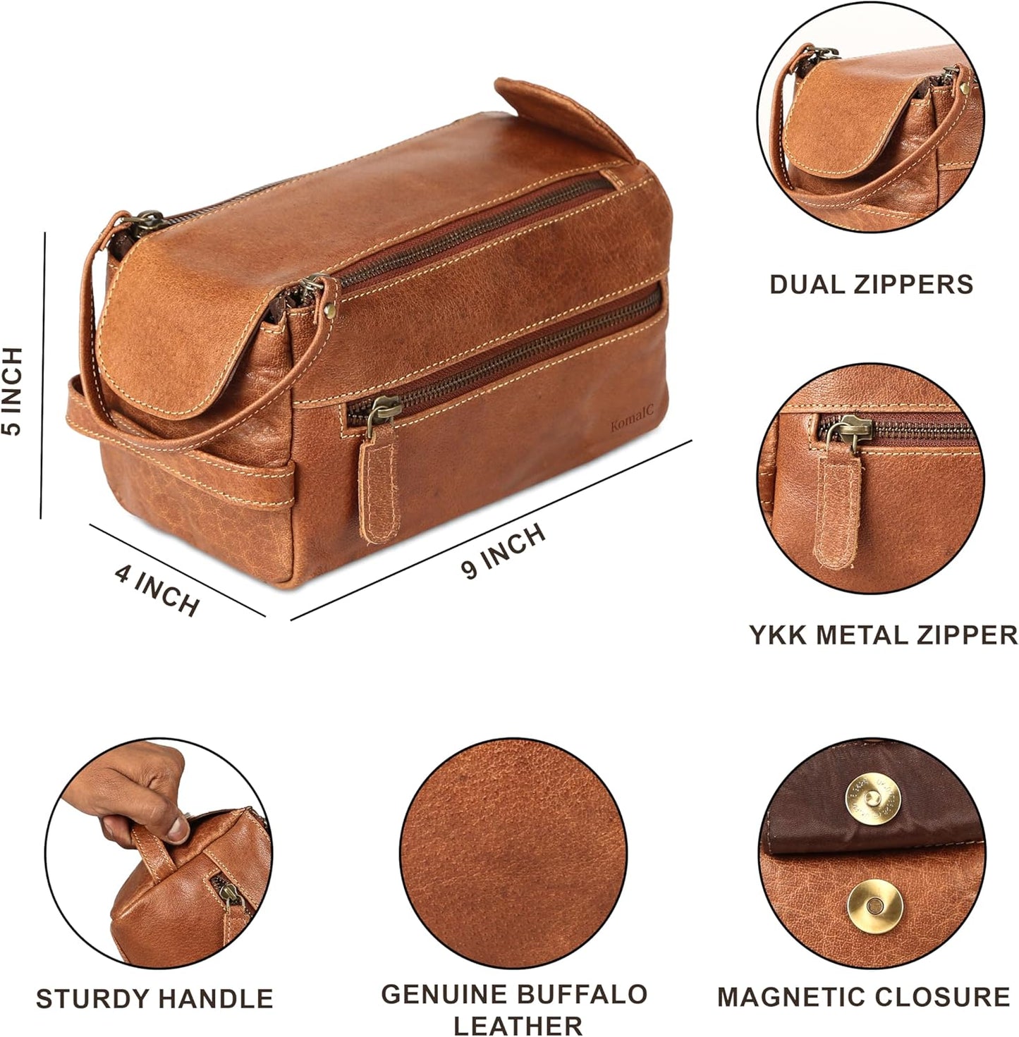 Premium Buffalo Leather Unisex Toiletry Bag Travel Dopp Kit Shaving kit (Distressed Tan)