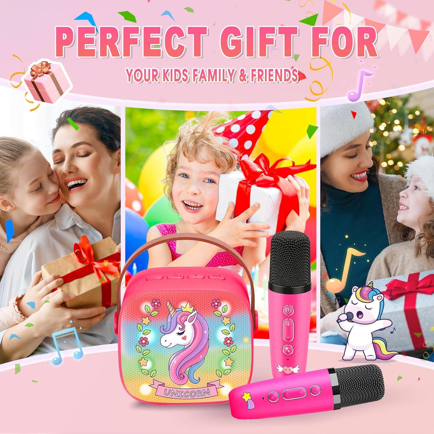 Mini Karaoke Machine for Kids, Exssary 3 4 5 6 7 8-12 Year Old Girl Gifts Portable Bluetooth Speaker with 2 Wireless Microphone Unicorn Toys Birthday Gifts for Girls Kids Teens (Pink)