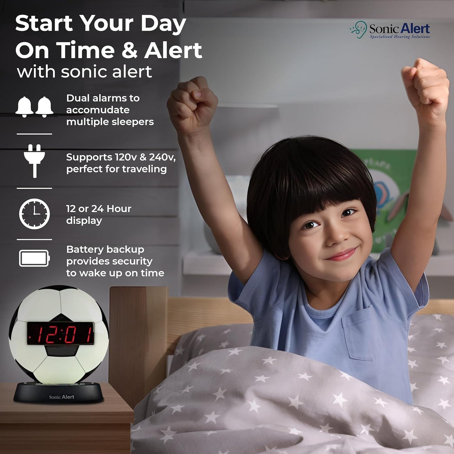 Sonic Alert Baseball Alarm Clock Nightlight for Heavy Sleepers - Loud & Compact Alarm Clock for Bedroom - Battery Backup & Full Range Dimmer - Easy to Set Digital Alarm Clock for Kids - AUX Connection