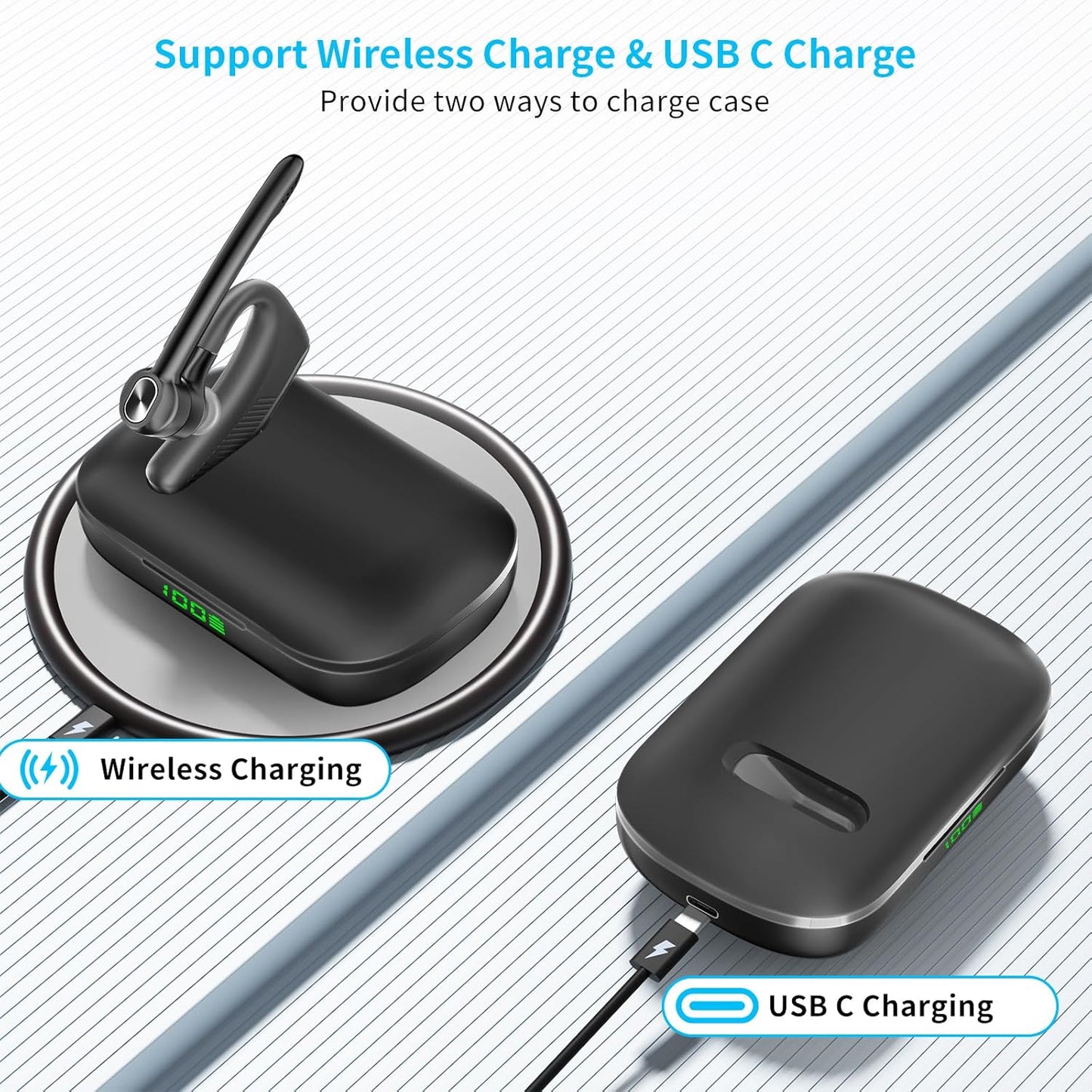 Wireless Headset Bluetooth Earpiece with Dual Noise Canceling Microphone Hands Free Headphones Single Ear Earphone Over Ear Earbud for iPhone Samsung Android Cellphones TV PC Trucker Game Work