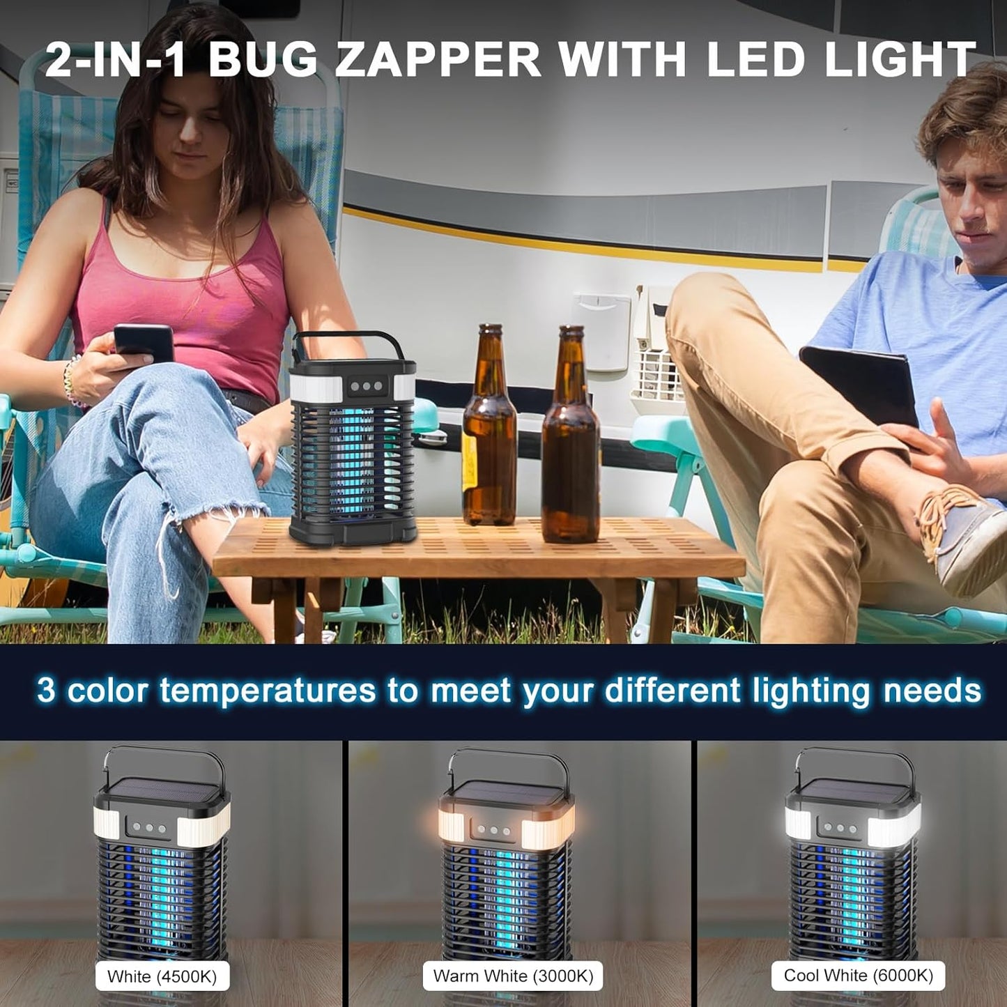 Mosquito Zapper, Solar Bug Zapper 4200V Cordless & Rechargeable Bug Zapper Outdoor with LED Light, Portable Waterproof Electric Fly Zapper with Hook, for Patio Camping Backyard Garden