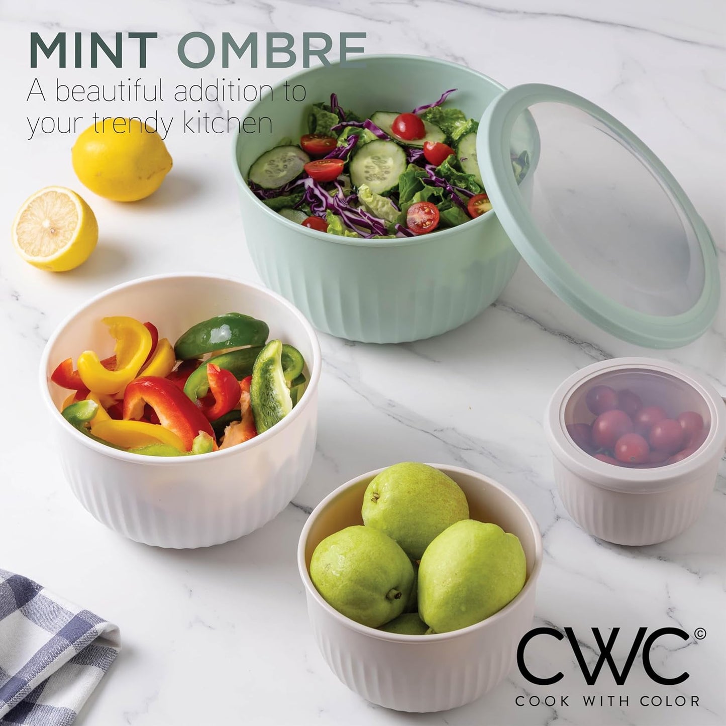 COOK WITH COLOR Prep Bowls with Lids- 8 Piece Nesting Plastic Small Mixing Bowl Set with Lids (Teal Ombre)