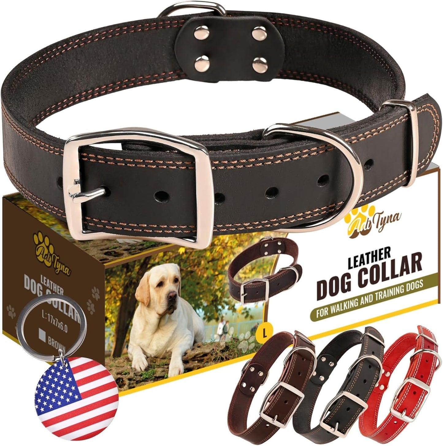 ADITYNA Heavy-Duty Leather Dog Collar for Medium Dogs - Soft and Strong, 100% Genuine Leather - Collier Pour Chien (Medium: Fit 13" - 20" Neck, Brown)