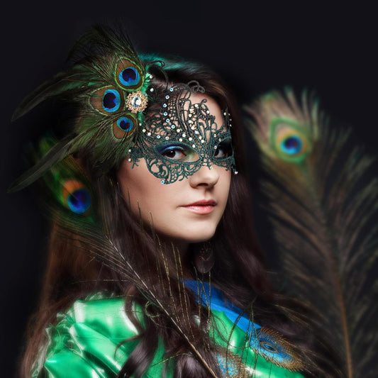 Zinniday Lace Masquerade Masks for Women - 1920s Peacock Feather Venetian Mask for Halloween Couples Mardi Gras Ball - PuriLite