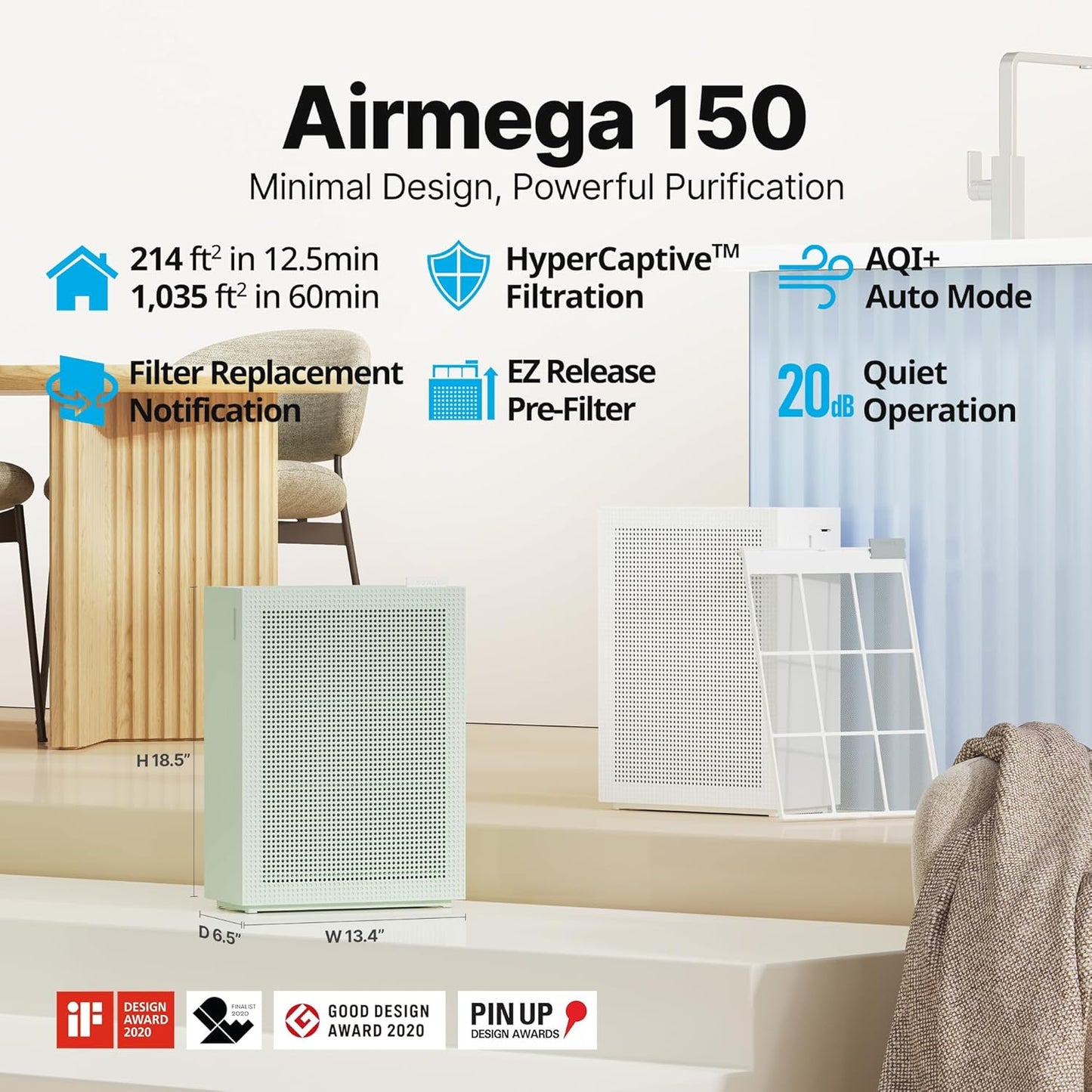 Coway Airmega 150 True HEPA Air Purifier with Air Quality Monitoring, Auto Mode, Filter Indicator, Dove White