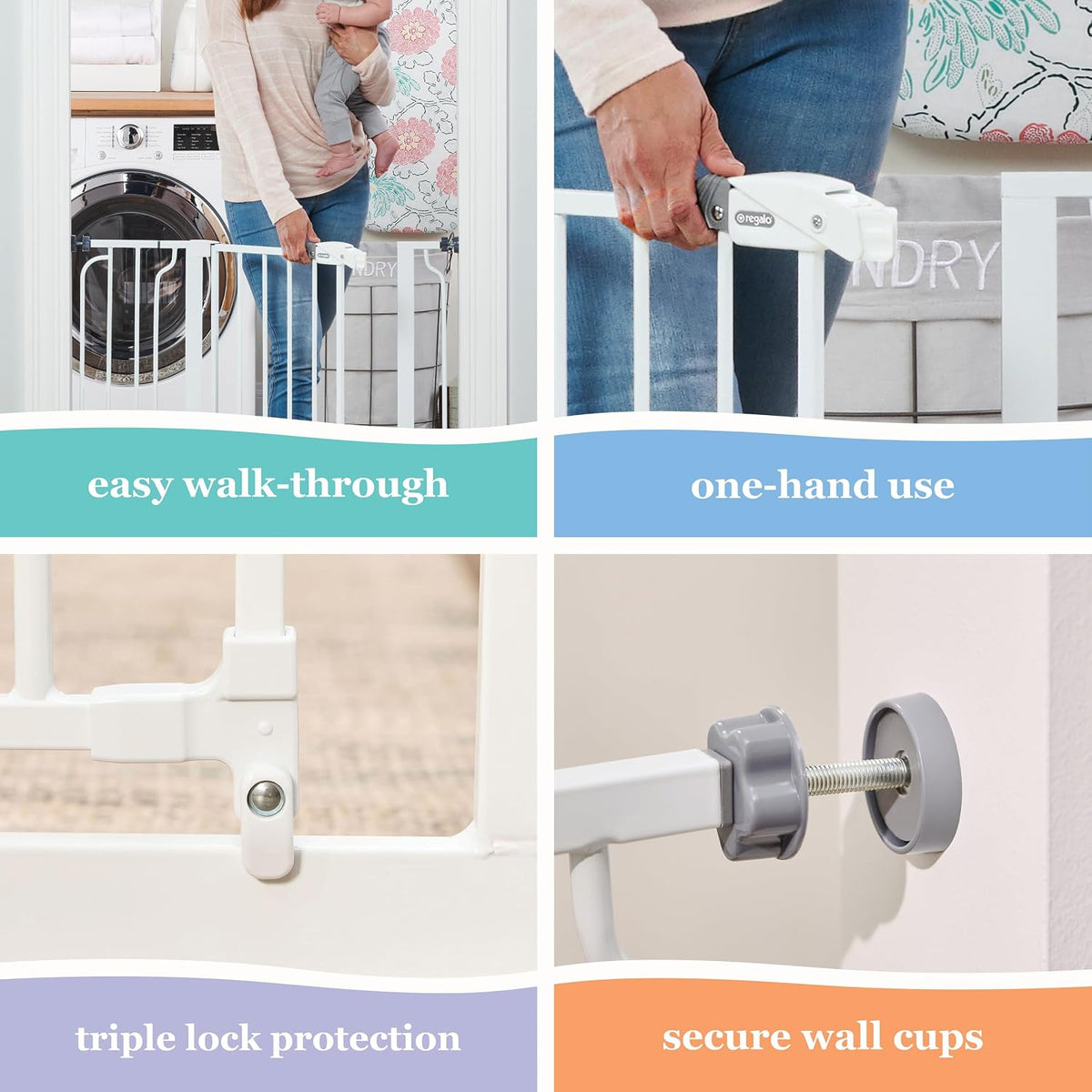 Regalo Easy Step 38.5-Inch (97.75cm) Extra Wide Baby Gate, Award Winning Brand, Includes 6-Inch (15.25cm) Extension Kit, 4 Pack Pressure Mount Kit and 4 Pack Wall Mount Kit