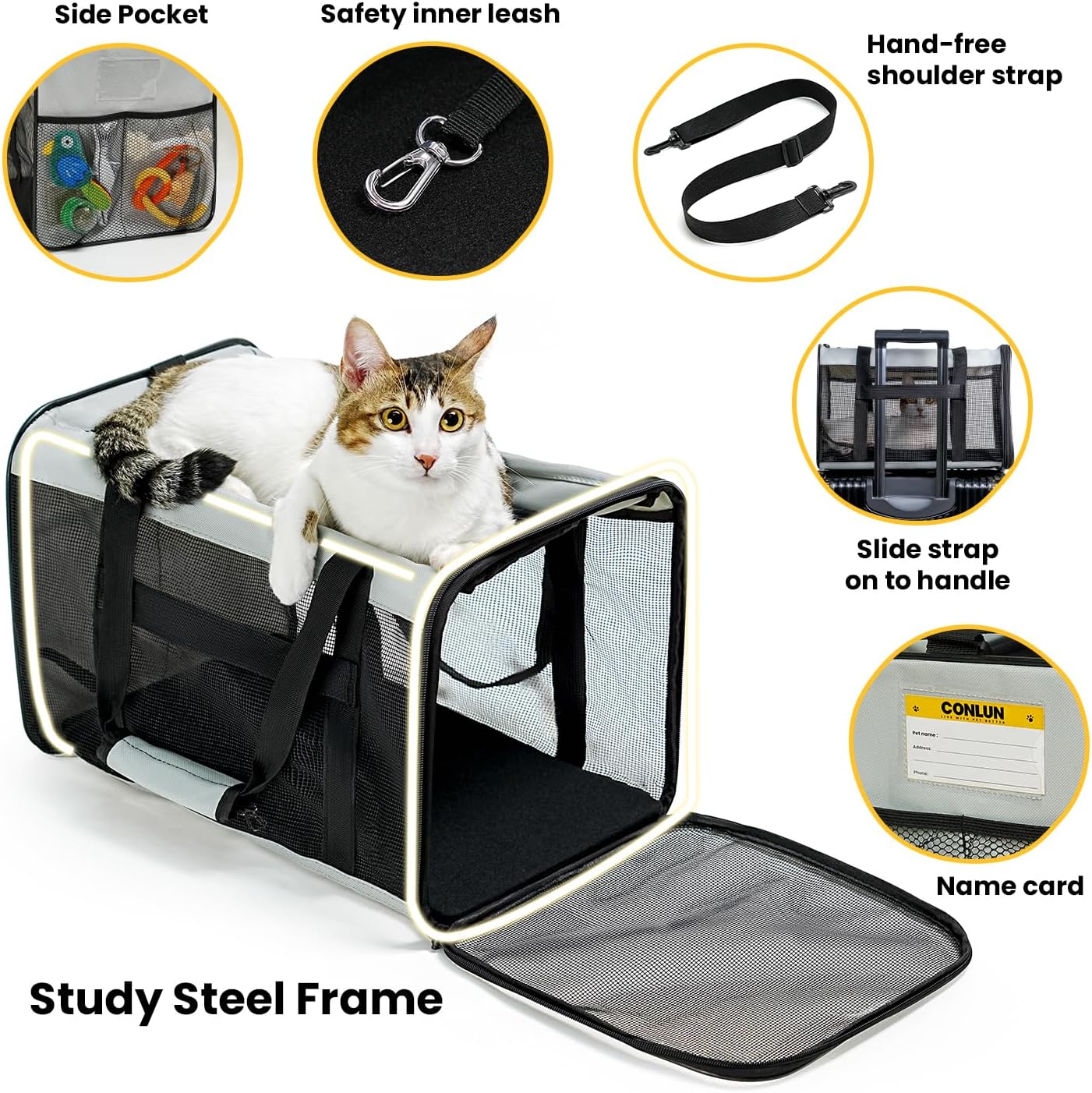 Conlun Cat Carrier Bag,Soft-Sided Pet Carriers for Dogs with 4-Sided Mesh,Airline Approved Cat Transport Carrier for Small&Medium Cats Kitten Puppy Up to 6Kg,Collapsible Cat Travel Carrier-M,Black
