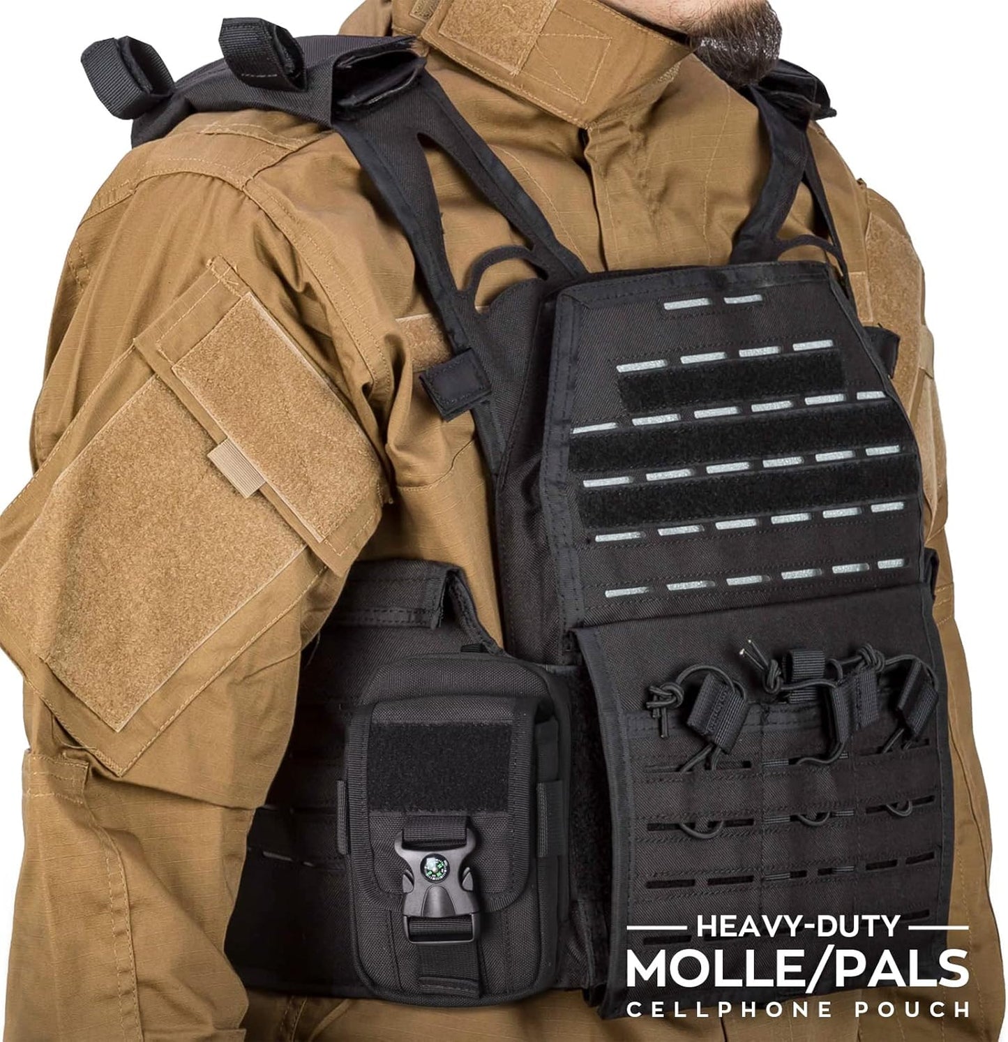 WYNEX Tactical Compass Phone Pouch, Large Molle Smartphone Holster Case Double Capacity Small Utility EDC Pouch with Compass Buckle and Carabiner