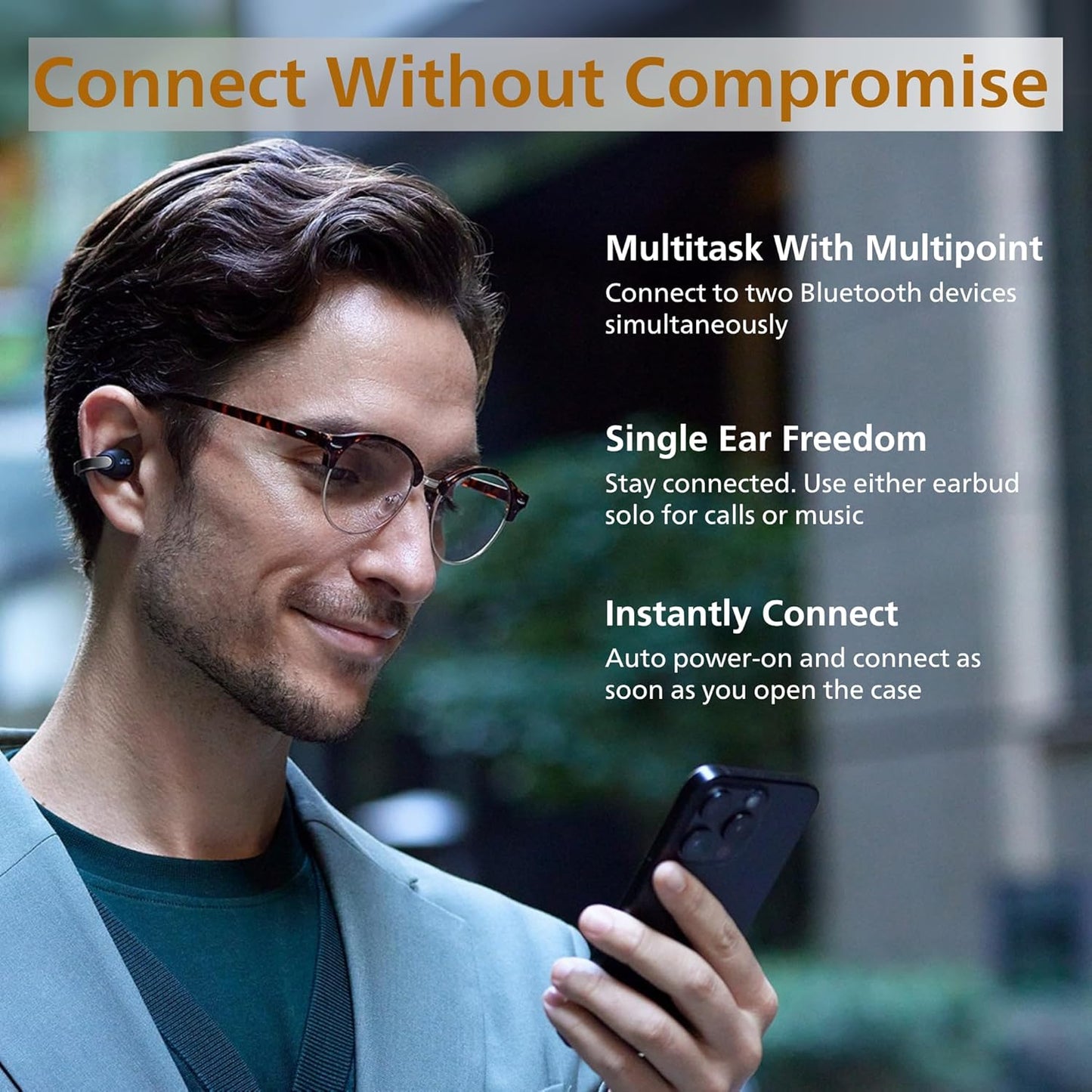 JVC nearphones Open Ear-Cuffs Wireless Headphones with Clasp Mechanism, Multipoint, Single Ear use, BT 5.3, Long Battery Life (up to 24 Hours) - HA-NP1T-A Teal Blue