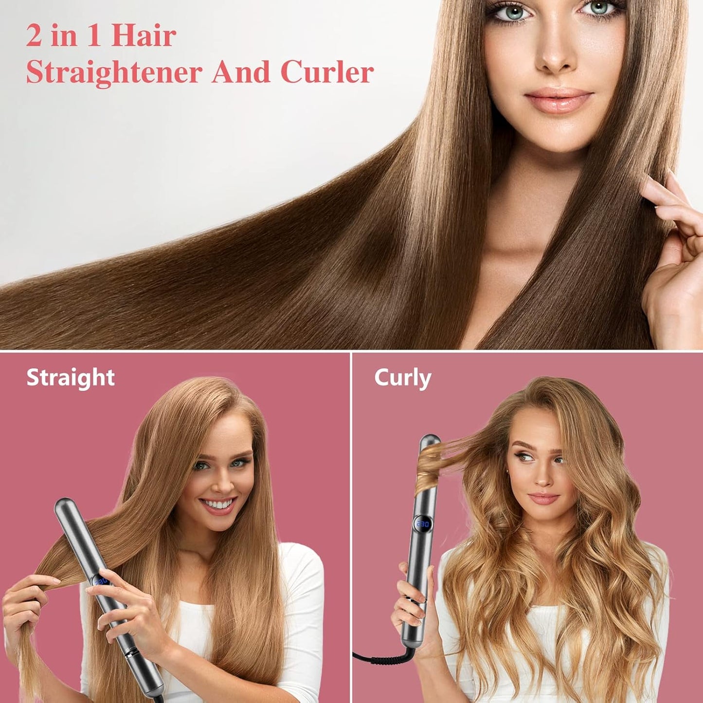 Saoilli Hair Straightener and Curler 2 in 1,Flat Iron Hair Straightener,Straightener and Curling Iron in One,Negative Ion Flat Iron with Adjustable Temp for All Hair Types,LCD Display(Gray)