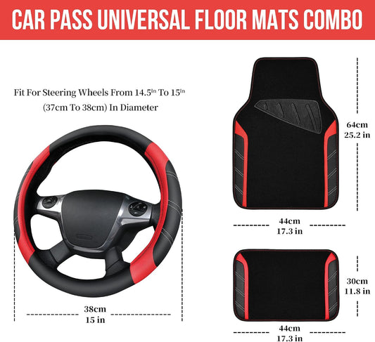 CAR PASS Leather Steering Wheel Cover and Waterproof Car Floor Mats,Microfiber Universal Car Combo Fit for 95% Sedan,SUV,Cars,14.5-15inch Sporty Anti-Slip Safety Comfortable Design(Black&Red)