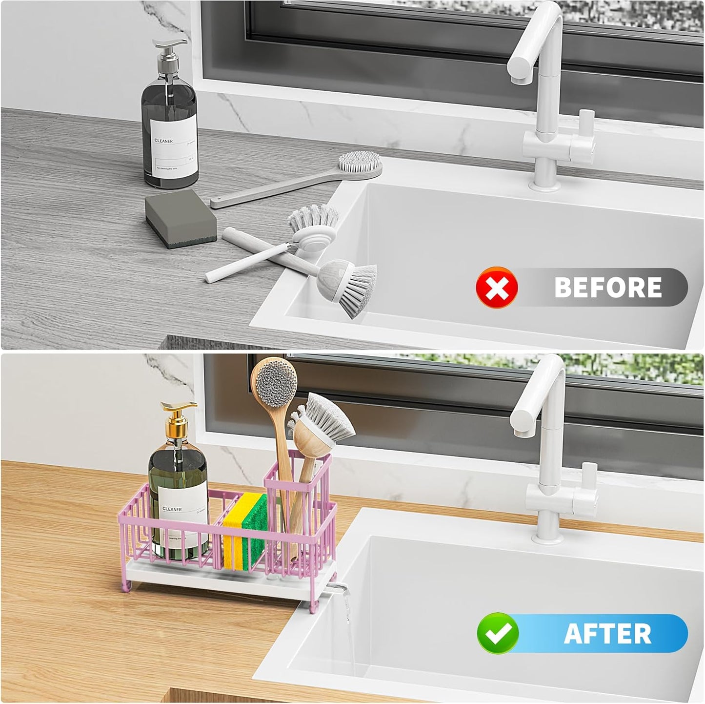 Cisily Sponge Holder for Kitchen Sink, Sink Caddy with High Brush Holder, Organzier Rustproof 304 Stainless Steel Dish Organizer Divider, Soap Dispenser Storage (Black)