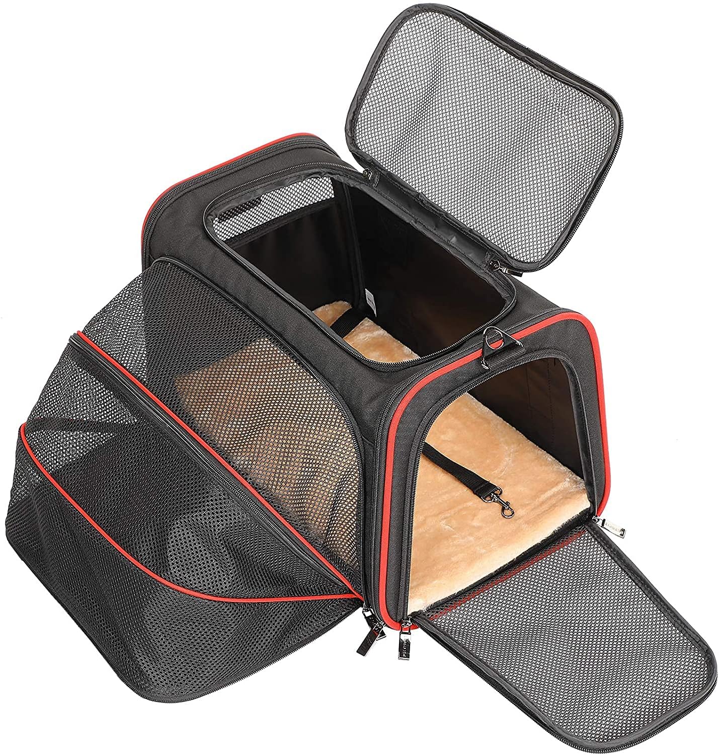 Petsfit Expandable Cat Dog Carrier Airline Approved, 17" L x 11" W x 11" H Soft-Sided Portable Pet Travel Carrier for Kitten, Puppy, Removable Soft Plush Mat and Pockets, Auto-Locking Zippers