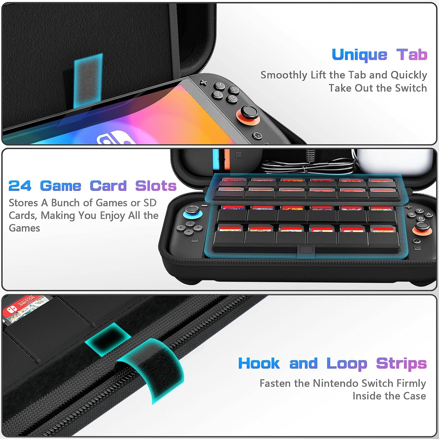 Daydayup Switch Carrying Case Compatible with Nintendo Switch/Switch OLED, with 20 Games Cartridges Protective Hard Shell Travel Carrying Case Pouch for Console & Accessories, Black