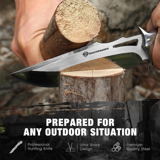 DRACHENADER Fixed Blade Knife with Leather Sheath, Full Tang Survival Knife, M390 Steel Hunting and Camping Outdoor Survival and Bushcraft - PuriLite