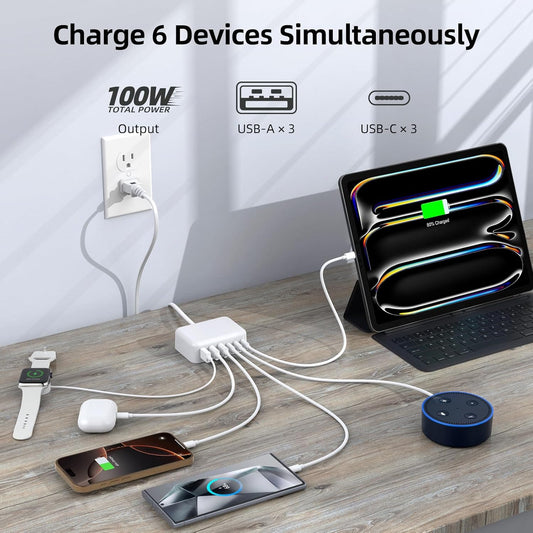 USB C Charger Block, 100W 6 Port PD USB C and QC USB A Wall Charger Block Cube, Super Fast Type C Charging Station Hub for iPhone 16 15 14 13 12 Pro Max iPad Samsung Pixel 5ft Extension Cord - PuriLite