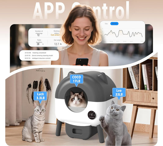 Self-Cleaning Cat Litter Box, Extra Large 110L Automatic Litter Box, App Control-No Scoop, Odor-Free, Large Electric Kitty Litter-Boxes for Multi-Cat, Includes Mat, 2 Garbage Bags - PuriLite