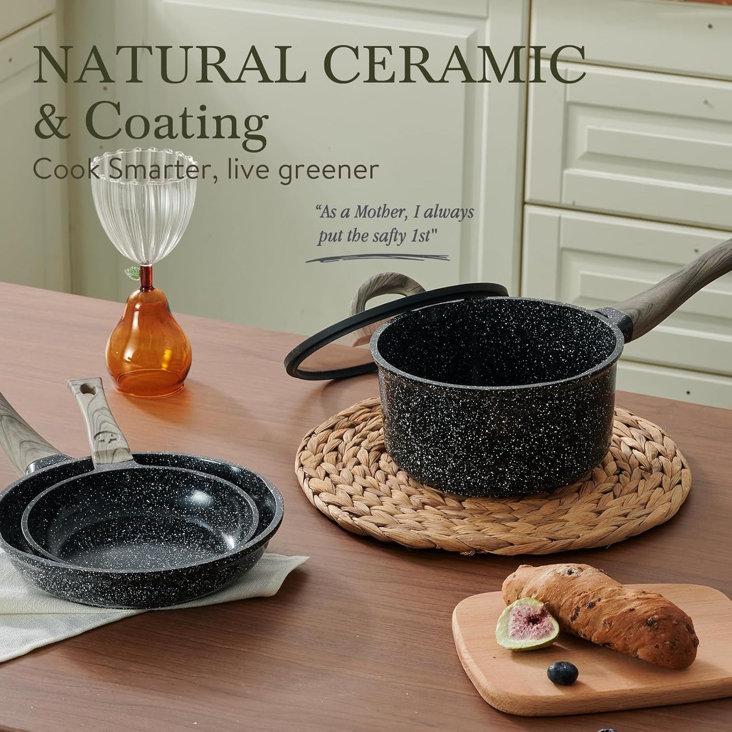 Ceramic Cookware Set 22 Piece Nonstick Pots and Pans Set Non Stick Kitchen Cooking Sets 8" Frying Pans with Lid,Black Granite Non-Toxic Induction Kitchen Cookware w/Glass Lids PFOS/PFOA-Free