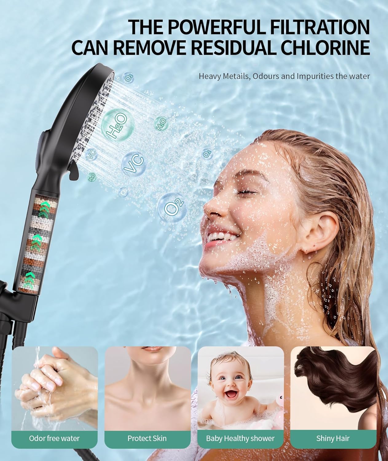 Filtered Shower Head with Handheld, High Pressure 9 Spray Mode Chrome Showerhead with Filters,Detachable Shower Head,Water Softener Filters Beads for Hard Water -Remove Chlorine