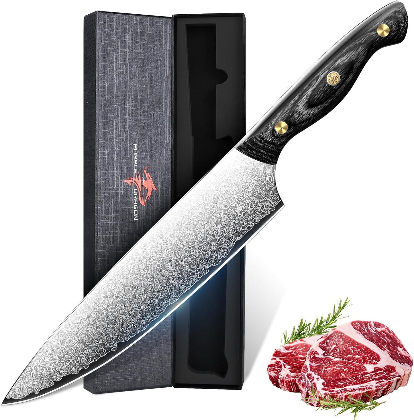 Purple Dragon Damascus Fish Fillet Knife - 7 inch Flexible Boning Knife with VG10 Core, Kitchen Slicing Knife with Full Tang Handle, Birthday Dad Mom Gift