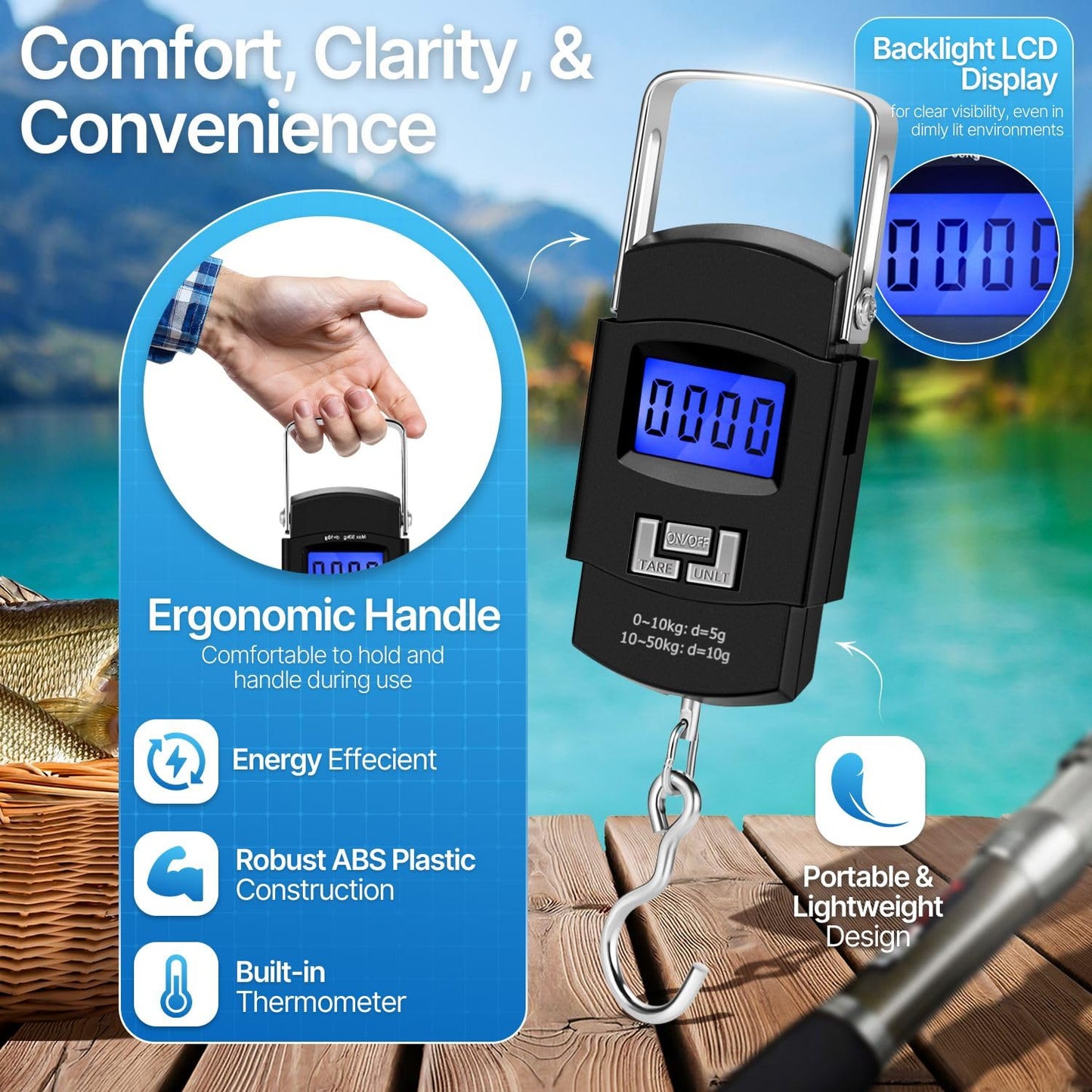 Flexzion Digital Hanging Scale – 110lb/50kg Portable Luggage Scale, and Fish Scale with Electronic Backlight LCD, Stainless Steel Hook, 2 AAA Batteries Included