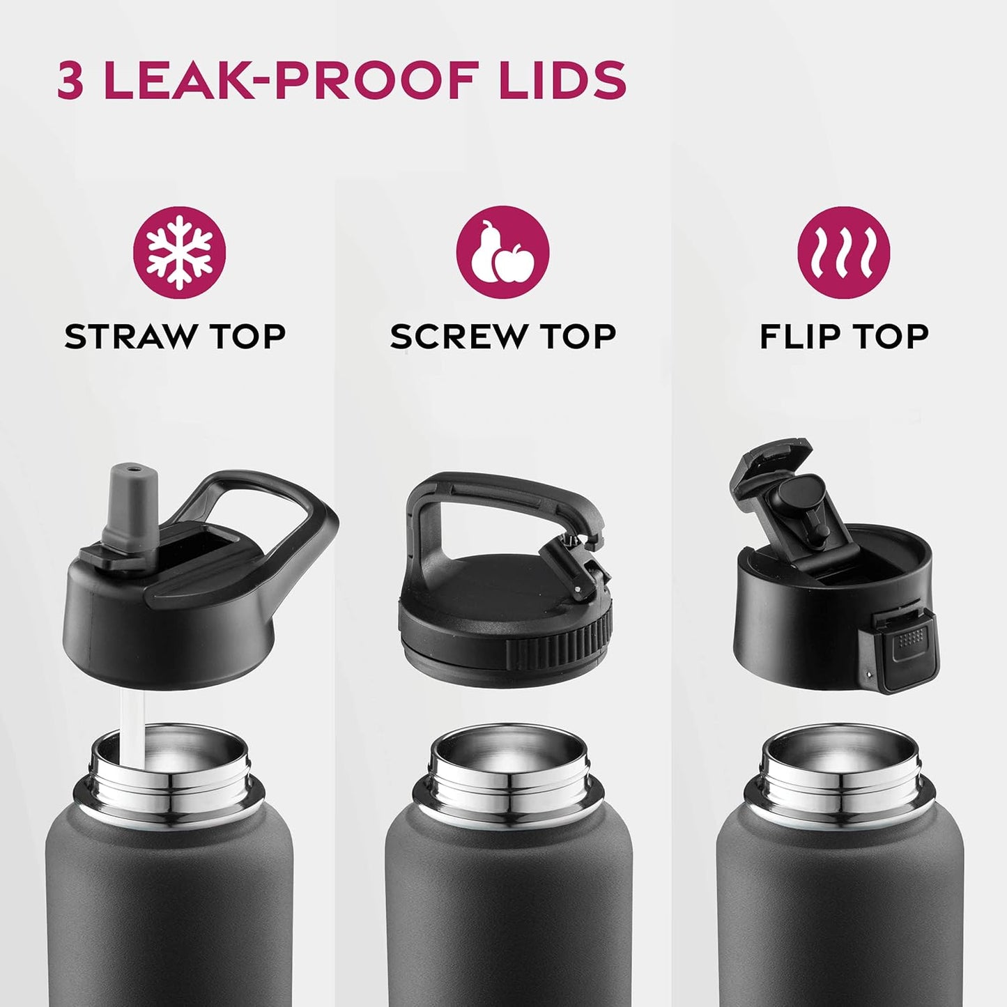 FineDine Water Bottle - Stainless Steel Insulated Water Bottle with Straw Lid, Flip Lid & Wide-Mouth Cap - Keeps Hot and Cold - 25 Oz / 739ml - Pure Pearly White