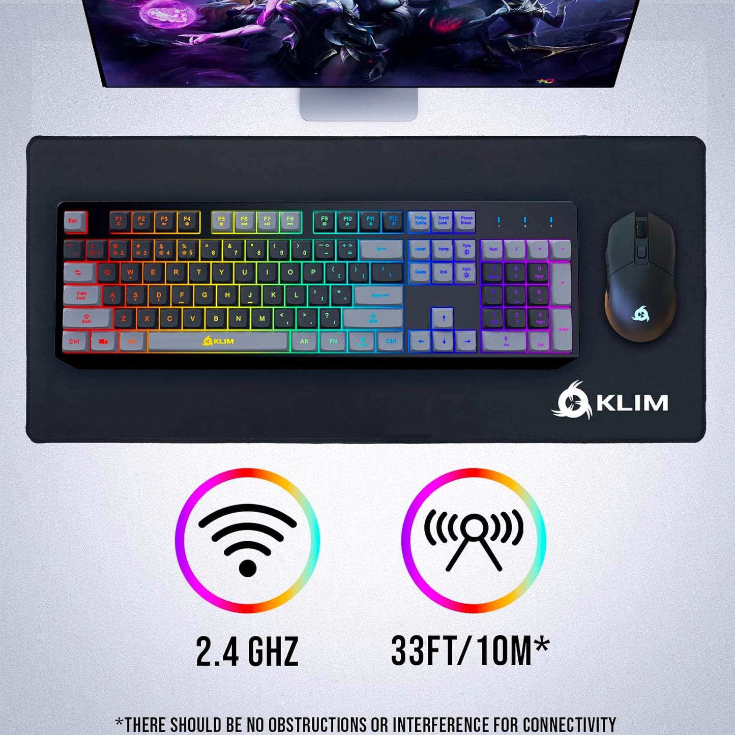 KLIM Chroma Wireless Gaming Keyboard RGB New - Long-Lasting Rechargeable Battery - Quick and Quiet Typing - Water Resistant Backlit Wireless Keyboard for PC PS5 PS4 Mac - Black