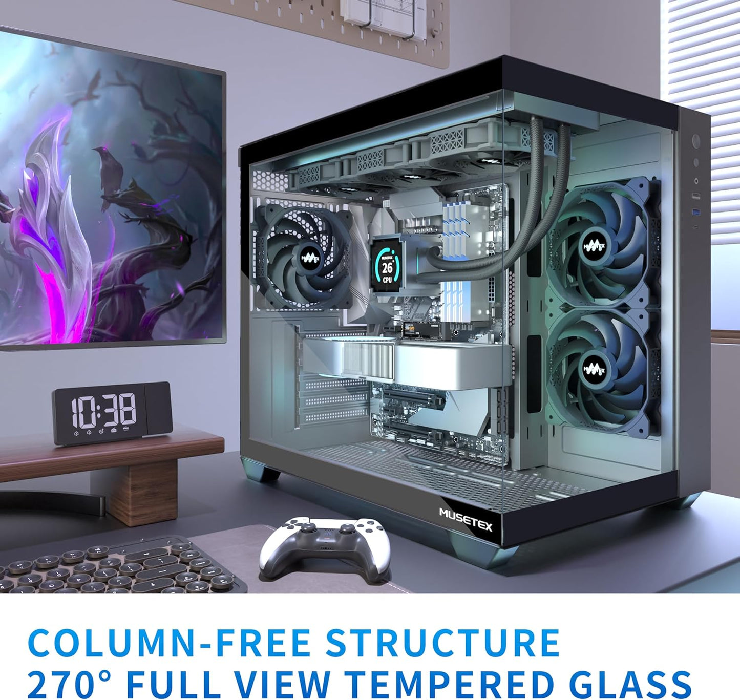 MUSETEX ATX PC Case, 360MM RAD Support, 3 x 120mm Fans Pre-Installed, 270° Full View Tempered Glass Gaming PC Case with Type-C, Mid Tower ATX Computer Case, Black, Y6