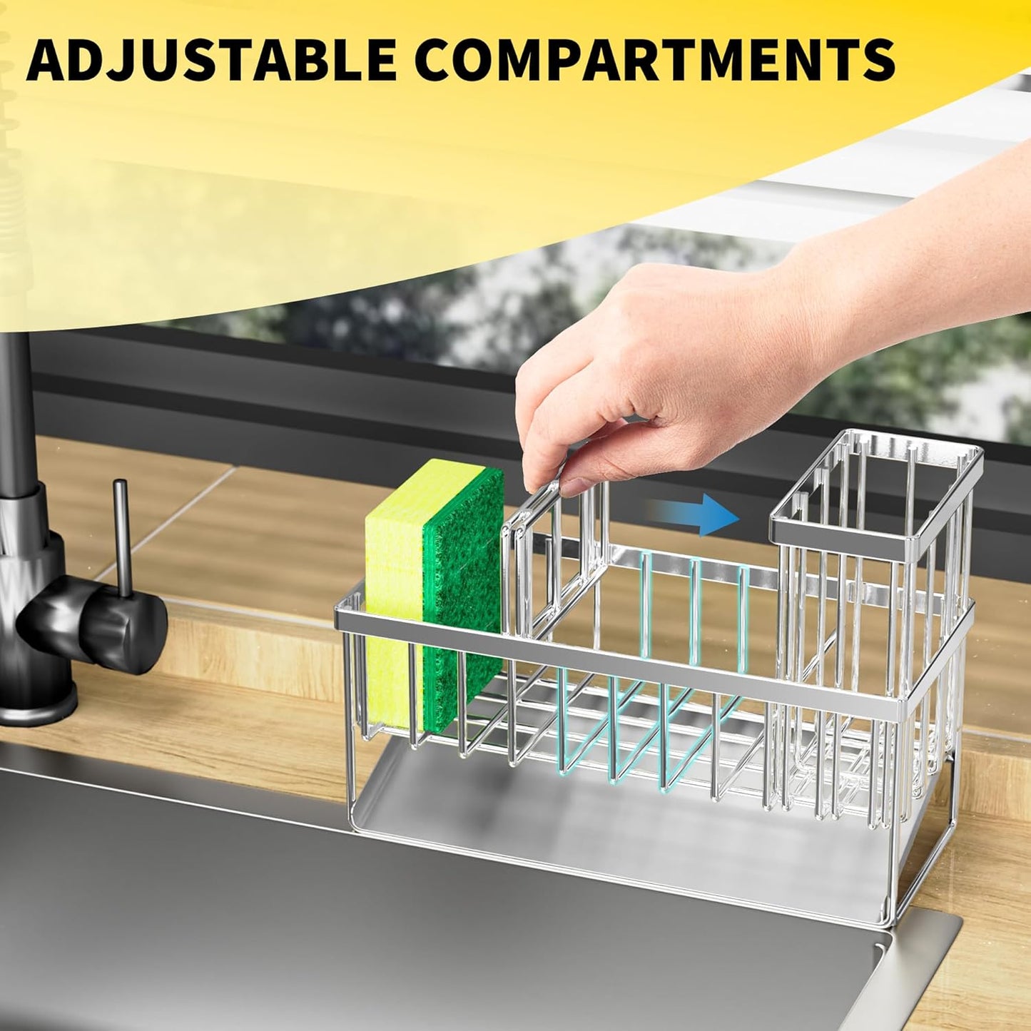 Cisily Kitchen Sink Caddy Organzier with High Brush Holder, Sponge Holder for Sink, 304 Rustproof Stainless, Kitchen Countertop Soap Dispenser Organizer, Kitchen Decor and Accessories (Black)