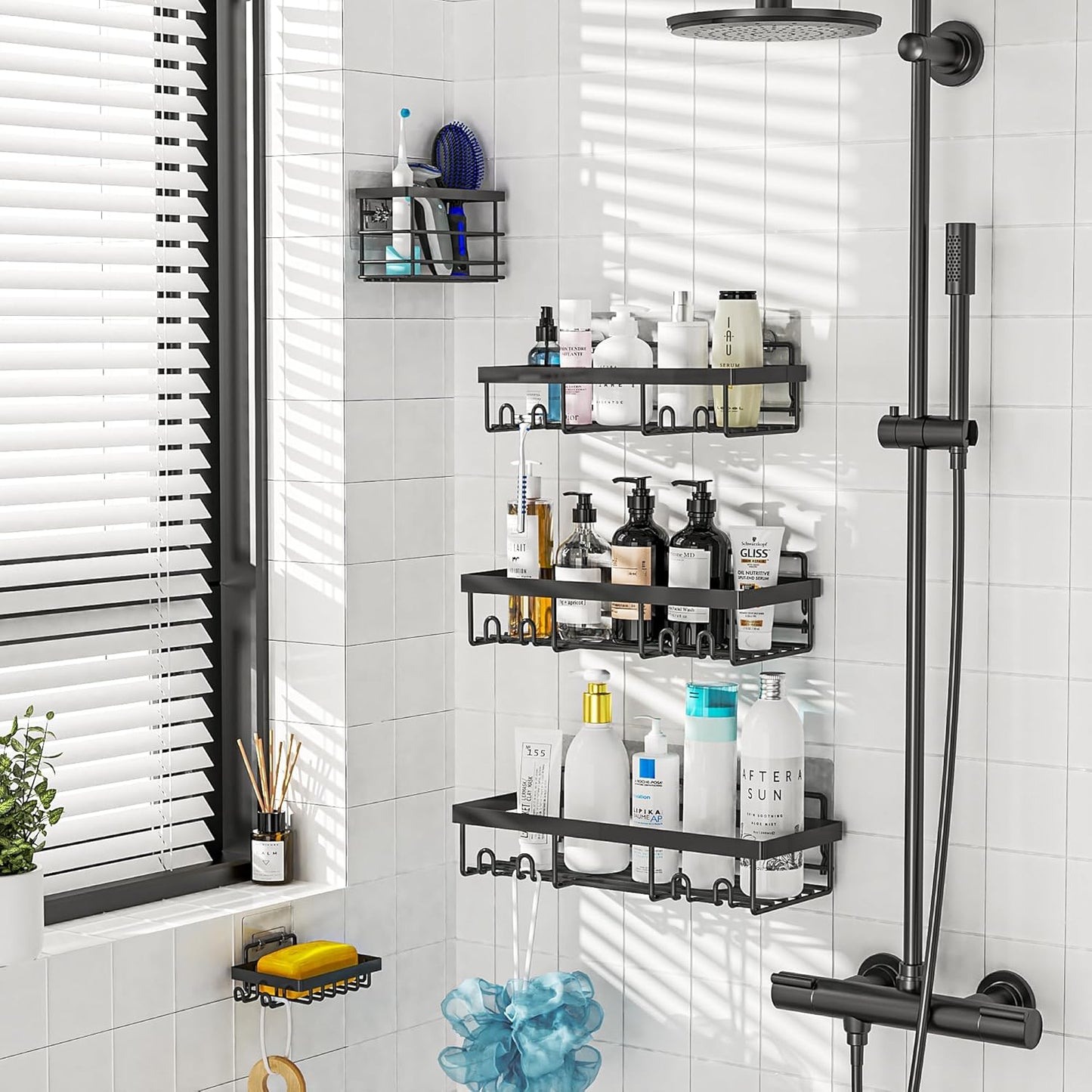 Moforoco Shower Caddy Shelf Organizer Rack, Self Adhesive Black Bathroom Shelves Basket, Home Farmhouse Wall Shower Inside Organization and Storage Decor Rv Accessories, First Apartment Essentials