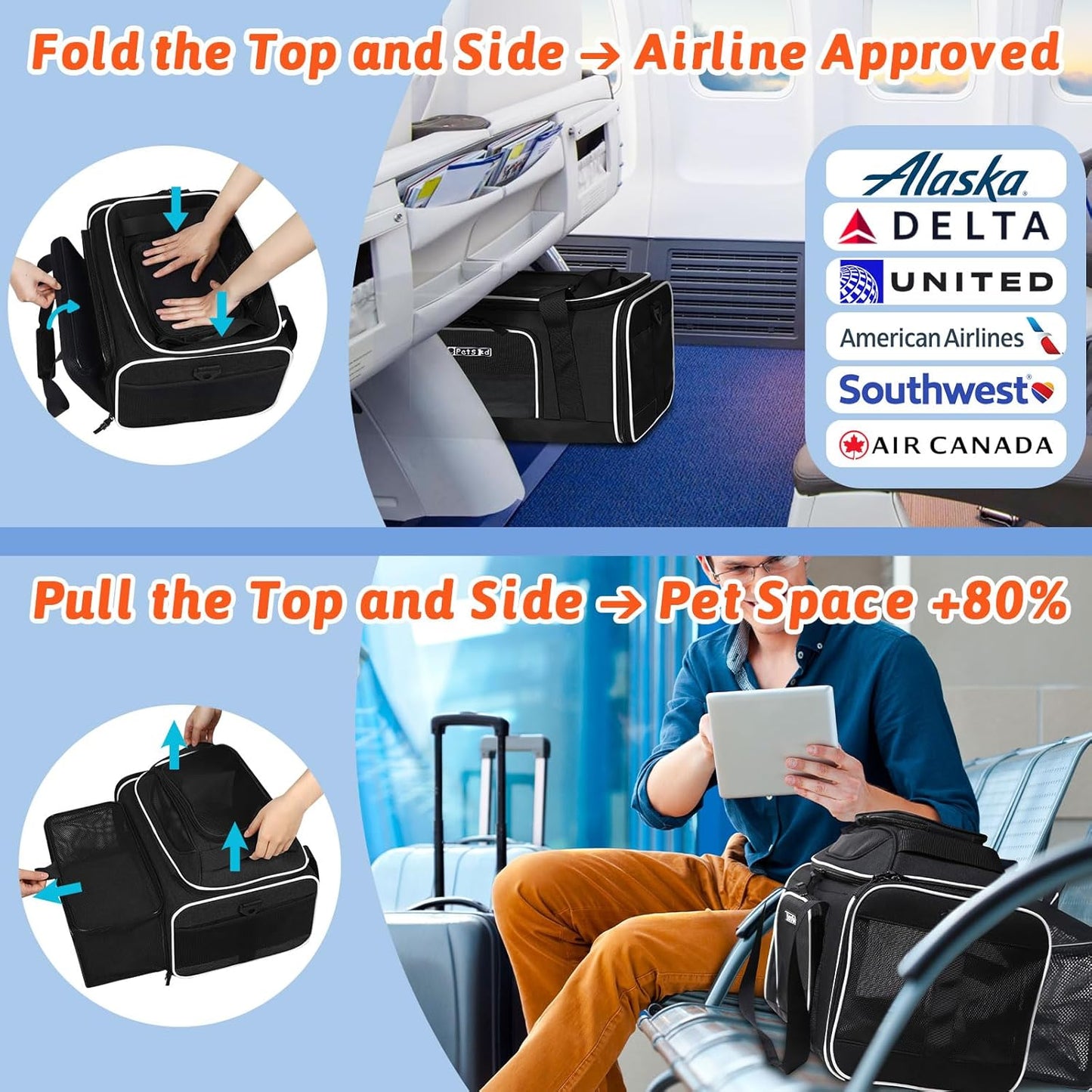 Petskd Top and Side Expandable Pet Carrier 17x12x8.5 Inches JetBlue Frontier Spirit Airline Approved, Soft-Sided Carrier for Small Cats and Dogs with Locking Safety Zipper and Anti-Scratch Mesh(Black)