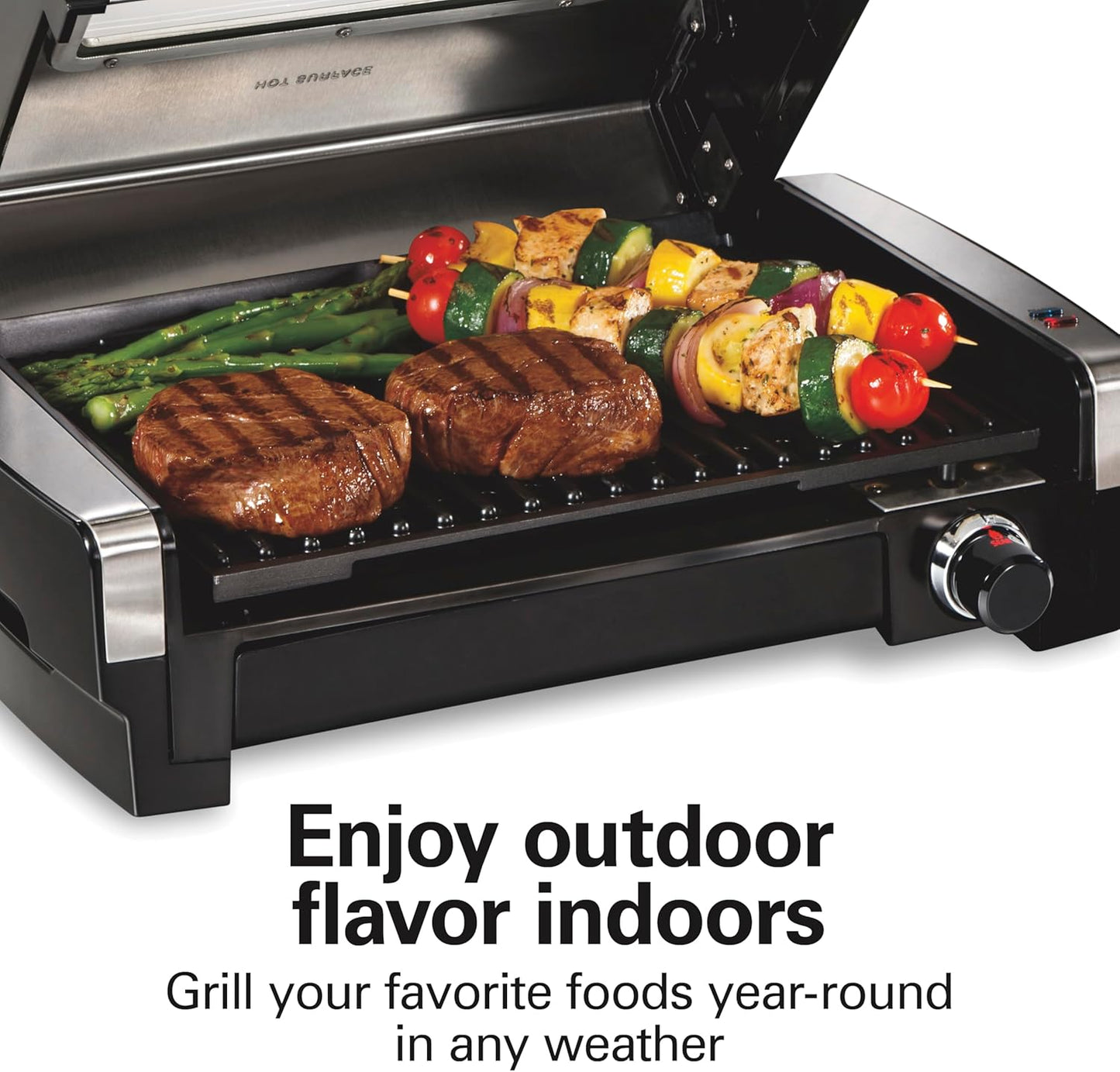 Hamilton Beach Electric Indoor Searing Grill with Viewing Window,Removable Easy-to-Clean Nonstick Plate, 6-Serving, Extra-Large Drip Tray, Stainless Steel, 25361