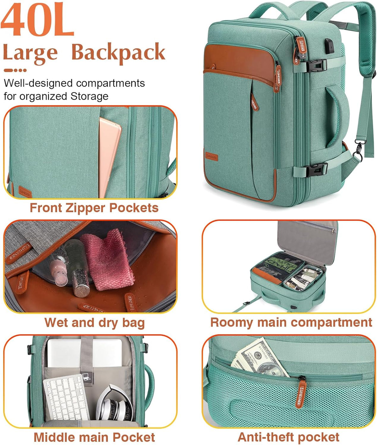 Lumesner Carry on Backpack, Extra Large 40L Flight Approved Travel Backpack for Men & Women - PuriLite