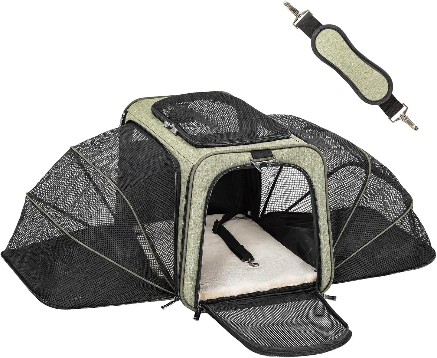 Petsfit Expandable Cat Dog Carrier Airline Approved, 17" L x 11" W x 11" H Soft-Sided Portable Pet Travel Carrier for Kitten, Puppy, Removable Soft Plush Mat and Pockets, Auto-Locking Zippers