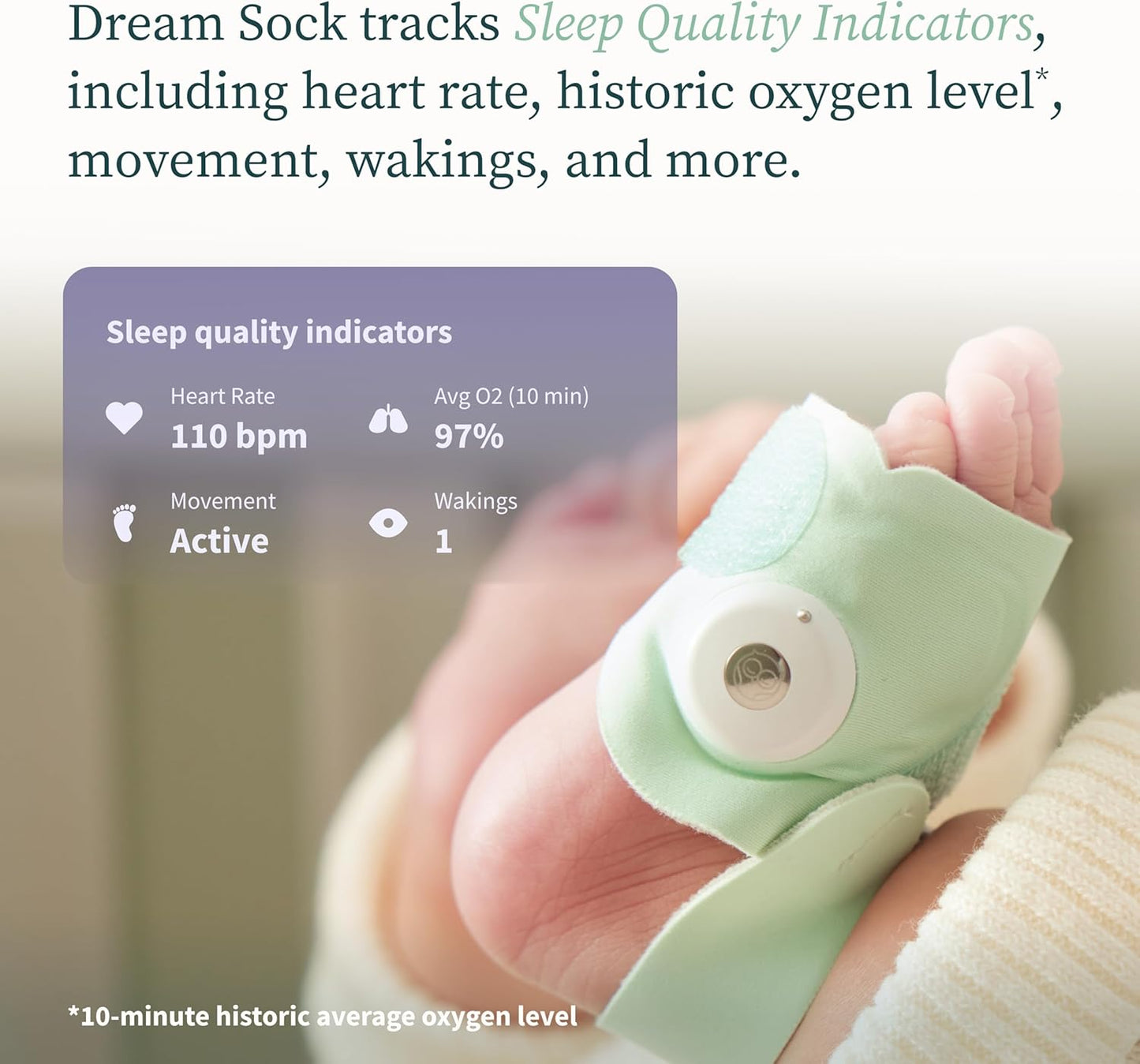 Owlet Dream Sock - Smart Baby Monitor View Heart Rate and Average Oxygen O2 as Sleep Quality Indicators. Wakings, Movement, and Sleep State. Digital Sleep Coach and Sleep Assist Prompts, Mint