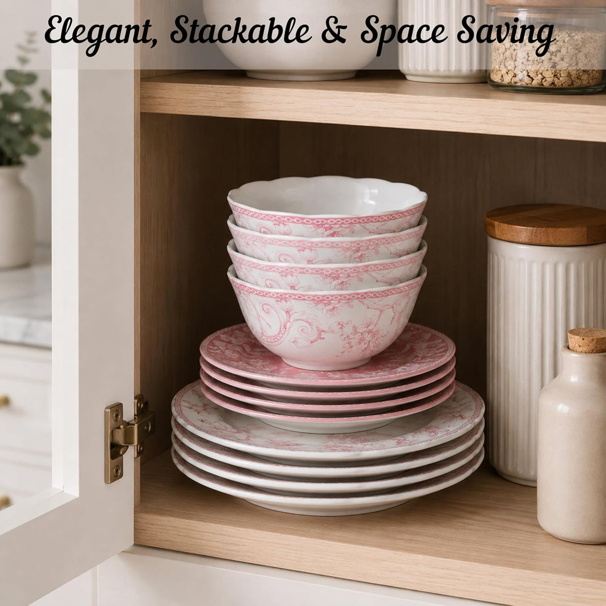 222 Fifth Adelaide Blush 12-Piece Pink Porcelain Dinnerware Set – Service for 4, Plate & Bowl Set, White with Pink Floral Pattern, for Daily Dining & Entertainment, Microwave & Dishwasher Safe