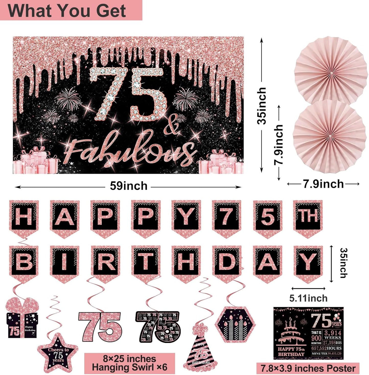 40th Birthday Decorations for Women,32pcs 40th Birthday Party Decorations,Including Backdrop, Crown,Sash,banner, Hanging Swirl,Cake Topper,balloons,Paper Fans,Anniversary Card and paper fans