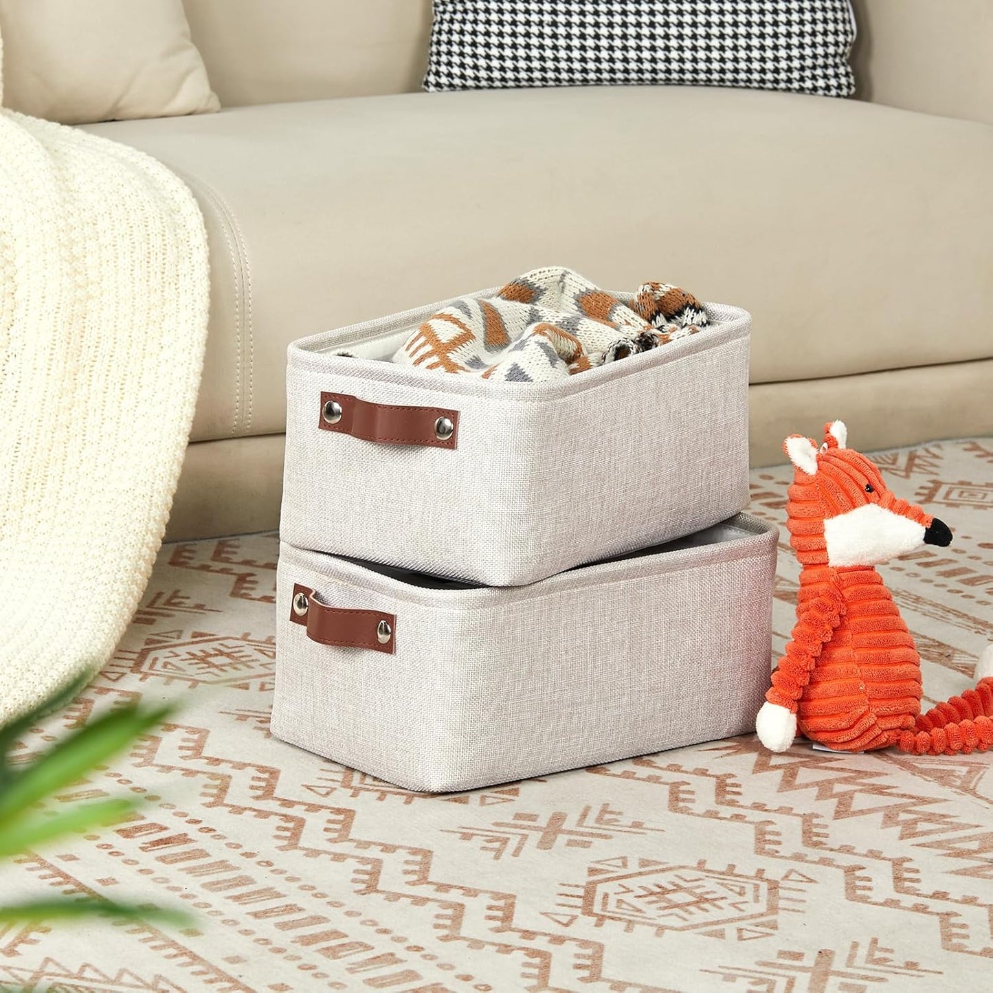 DULLEMELO Storage Baskets for Shelves, Fabric Collapsible Rectangular Storage Bins for Shelves, Closets, Nursery, Home, Office, Empty Gift Baskets (White&Teal)