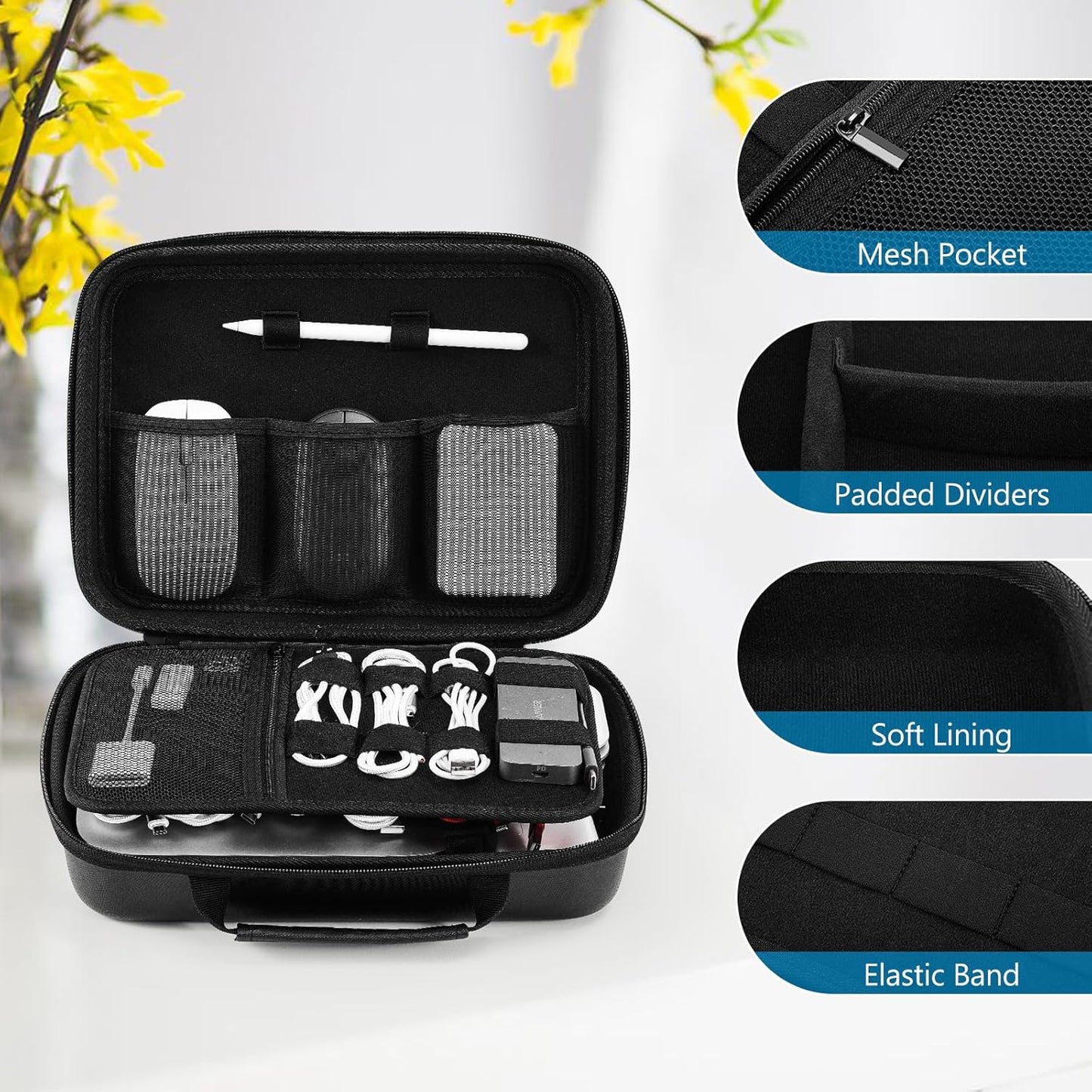 ProCase Hard Travel Electronic Organizer Case for MacBook Power Adapter Chargers Cables Power Bank Apple Magic Mouse Apple Pencil USB Flash Disk SD Card Small Portable Accessories Bag -L, Black