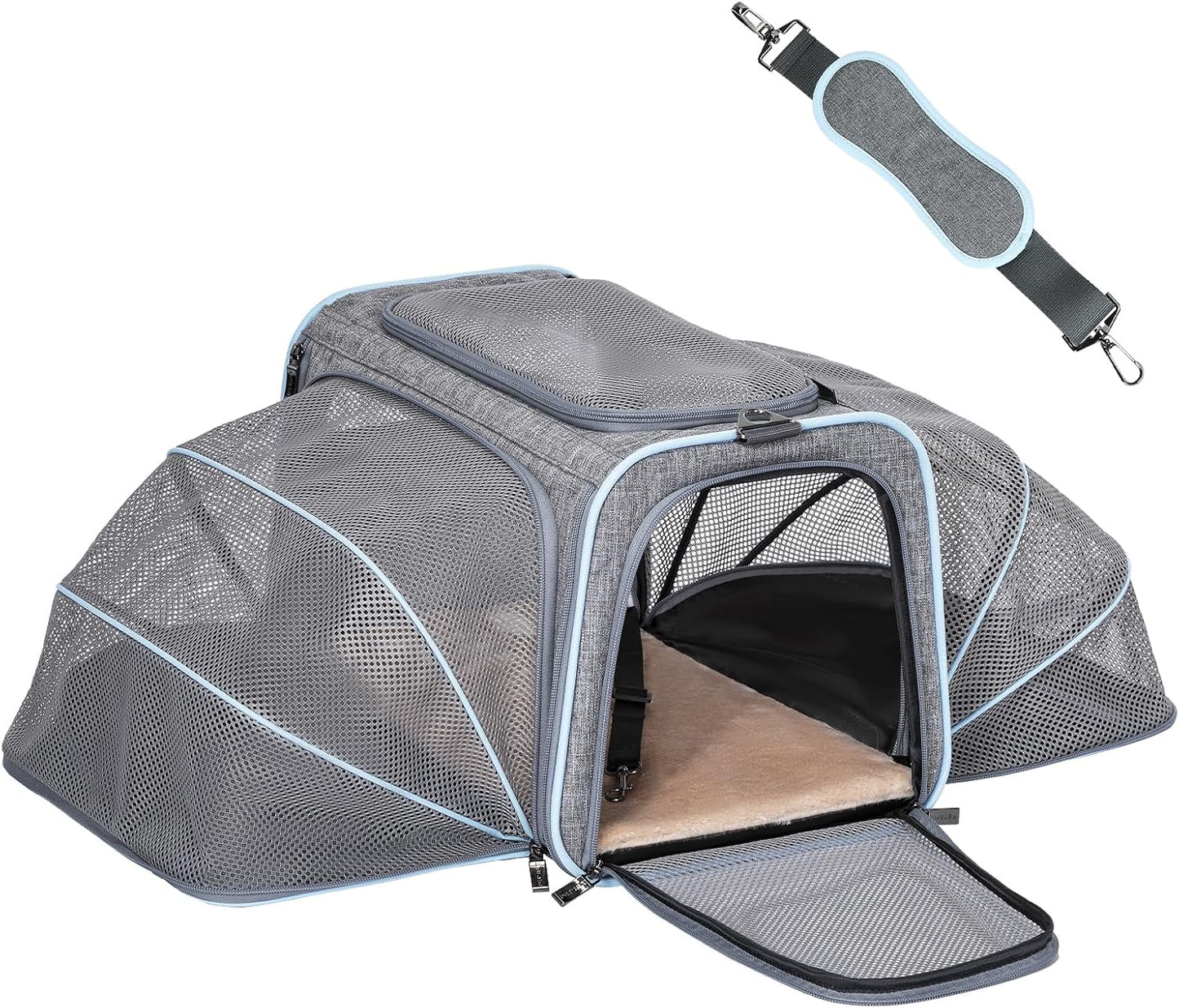 Petsfit Expandable Cat Dog Carrier Airline Approved, 17" L x 11" W x 11" H Soft-Sided Portable Pet Travel Carrier for Kitten, Puppy, Removable Soft Plush Mat and Pockets, Auto-Locking Zippers