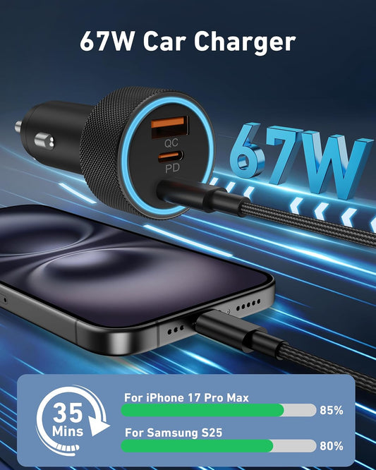USB C Car Charger, 2 Pack 3-Port 67W Type C Super Fast Car Phone Charger Accessories Multiport Dual USB-C & USB-A Cigarette Lighter Adapter for iPhone 17 16 15 14 13 12 Pro Max, iPad, Galaxy, Android - PuriLite