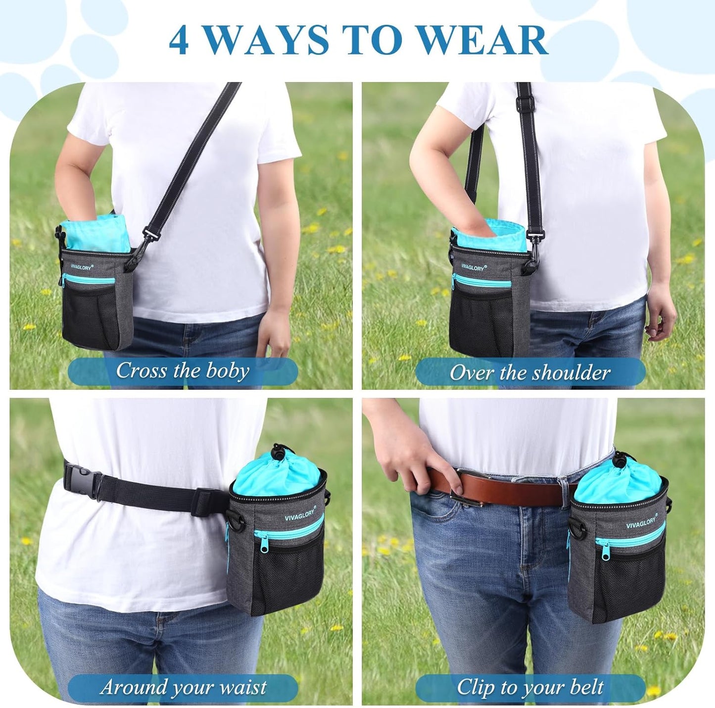 VIVAGLORY Dog Training Treat Pouch, 4Ways to Wear Dog Treat Bags, Built in Dog Waste Bag Dispenser Treats Training Bags with Reflective Adjustable Shoulder Strap, Heather Blue