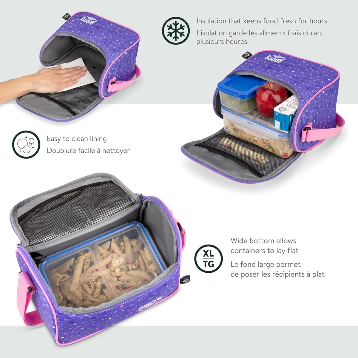 Roots Essential 3-in-1 Matching Water Resistant Kids Backpack and Lunch Bag Set with Bonus Pencil Case - Made From 100% Recycled Fabrics - 22.5 litres, Purple Pink Polka Dot - PuriLite